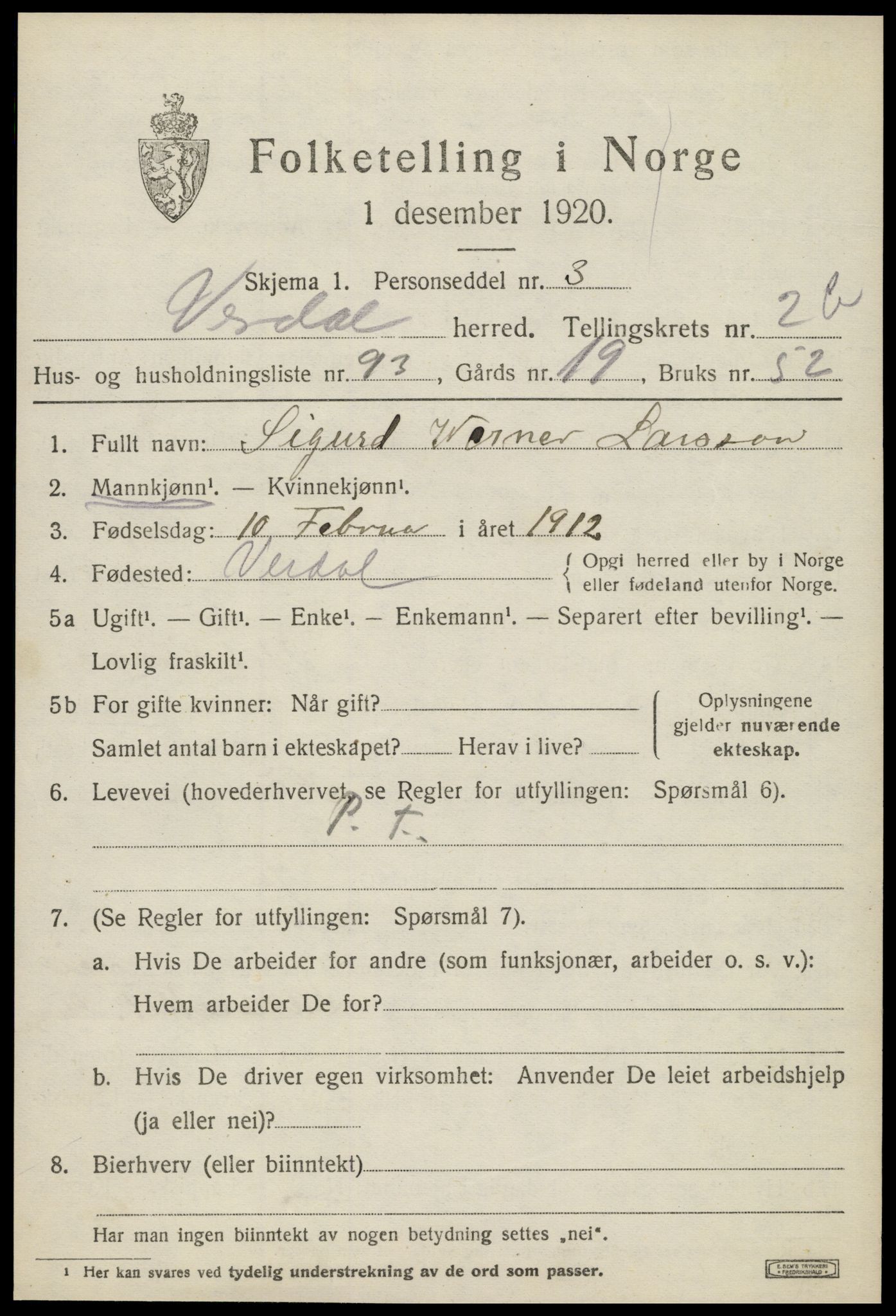 SAT, 1920 census for Verdal, 1920, p. 5219