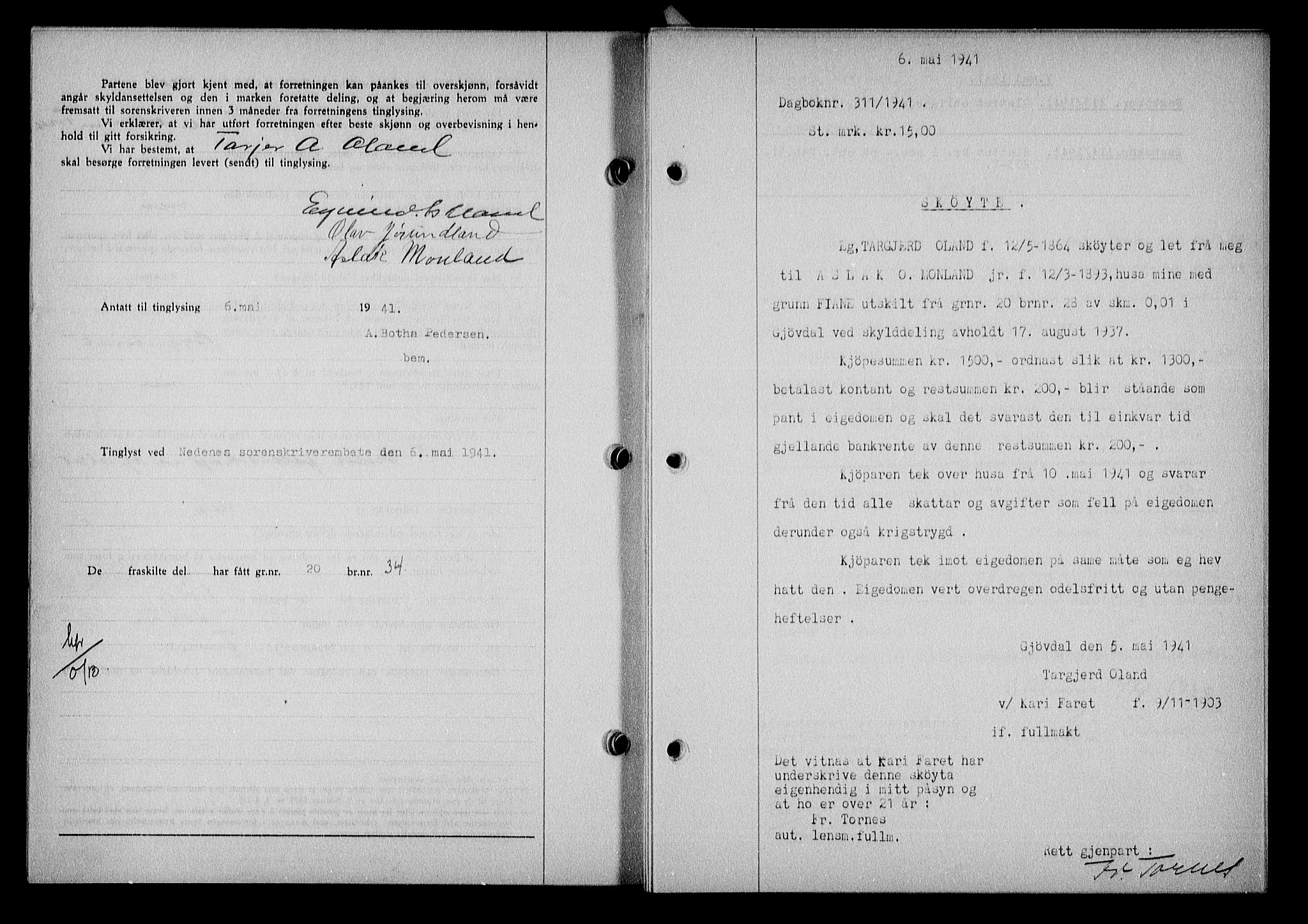 Nedenes sorenskriveri, SAK/1221-0006/G/Gb/Gba/L0048: Mortgage book no. A-II, 1940-1941, Diary no: : 311/1941