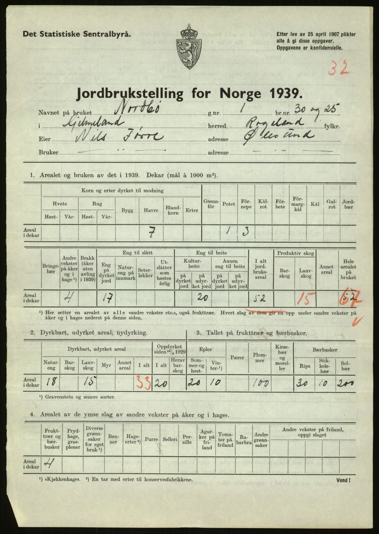 Statistisk sentralbyrå, Næringsøkonomiske emner, Jordbruk, skogbruk, jakt, fiske og fangst, AV/RA-S-2234/G/Gb/L0184: Rogaland: Årdal, Fister og Hjelmeland, 1939, p. 1577