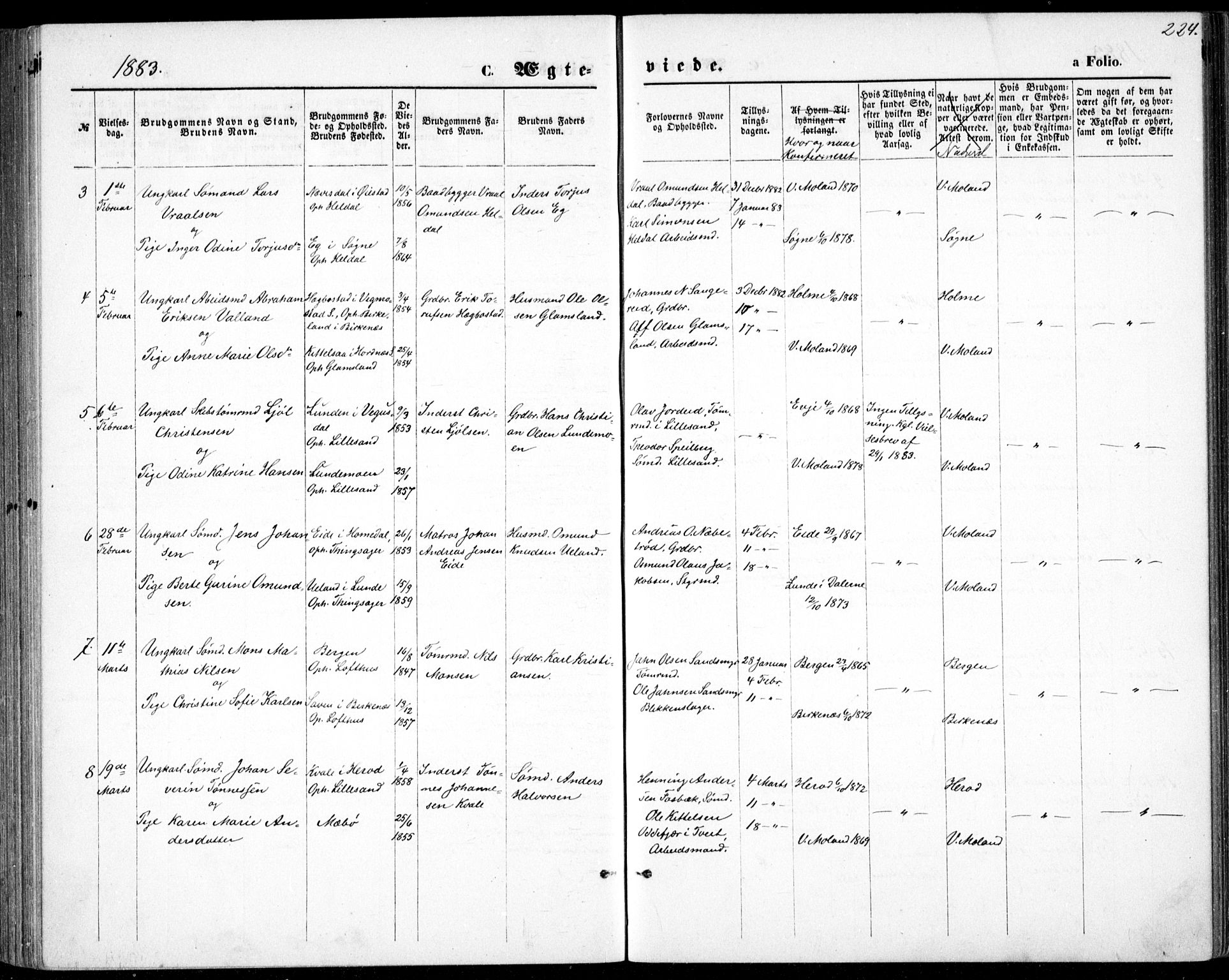 Vestre Moland sokneprestkontor, AV/SAK-1111-0046/F/Fb/Fbb/L0005: Parish register (copy) no. B 5, 1872-1883, p. 224