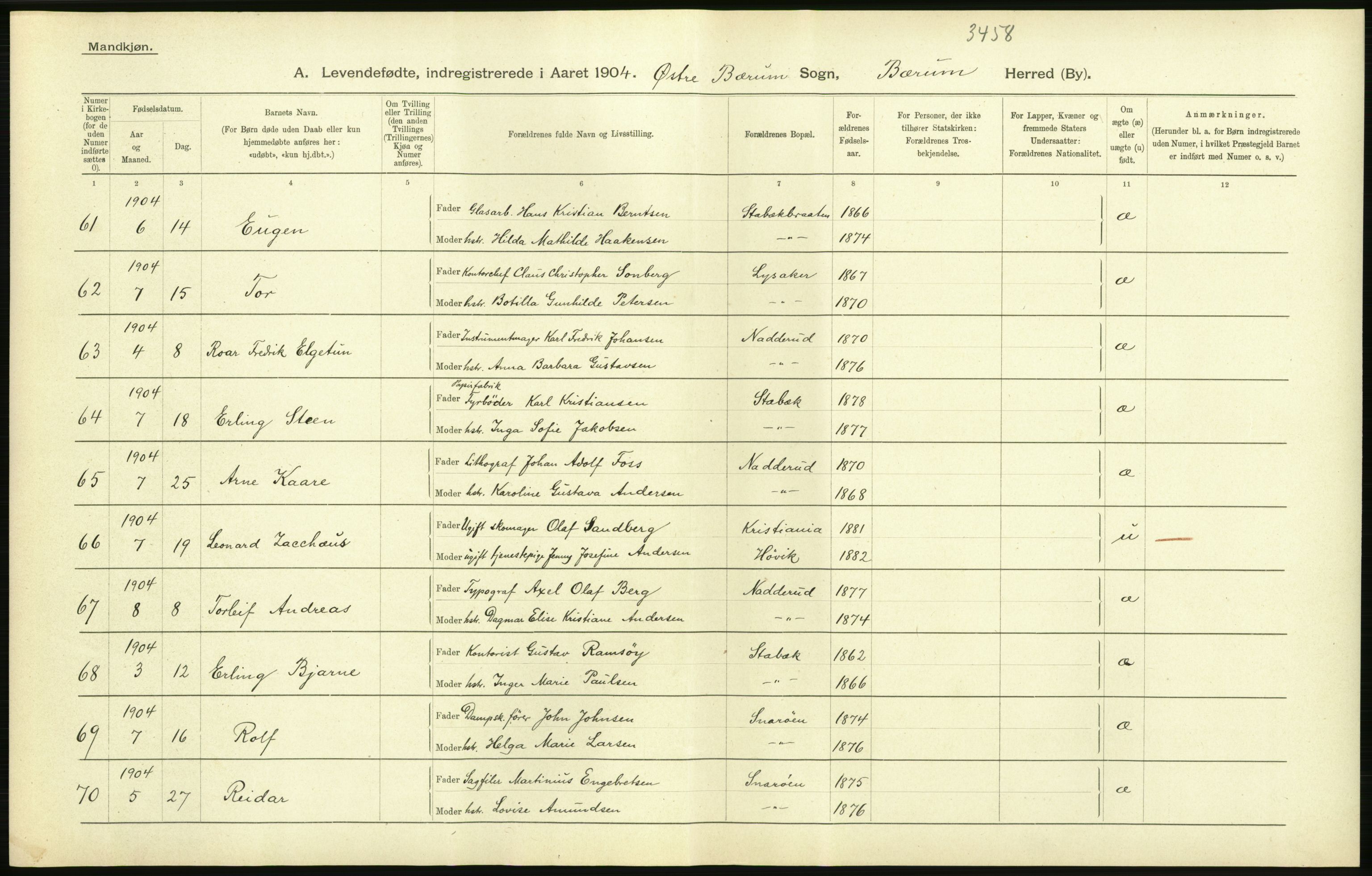 Statistisk sentralbyrå, Sosiodemografiske emner, Befolkning, AV/RA-S-2228/D/Df/Dfa/Dfab/L0002: Akershus amt: Fødte, gifte, døde, 1904, p. 28