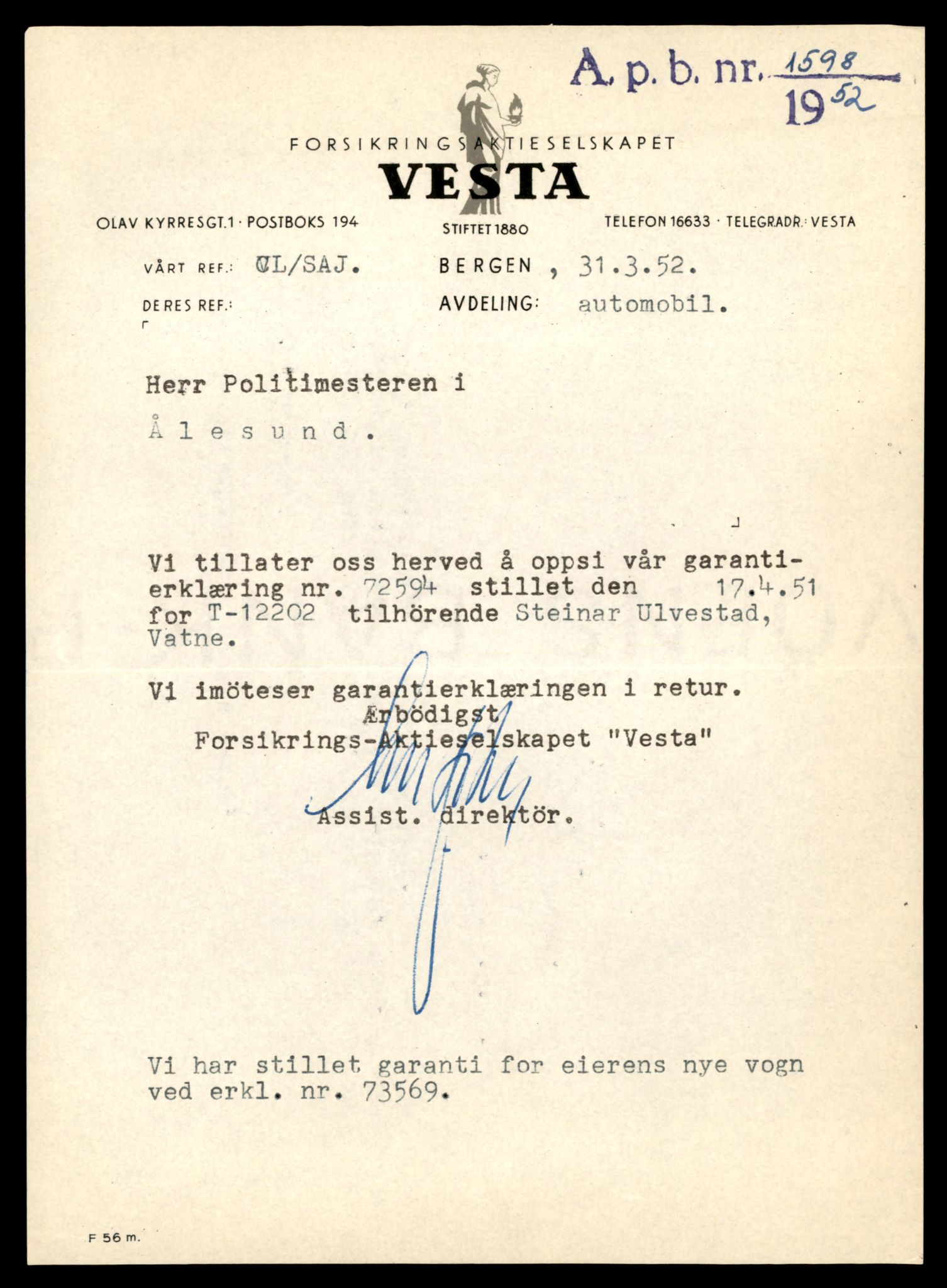 Møre og Romsdal vegkontor - Ålesund trafikkstasjon, AV/SAT-A-4099/F/Fe/L0033: Registreringskort for kjøretøy T 12151 - T 12474, 1927-1998, p. 1295