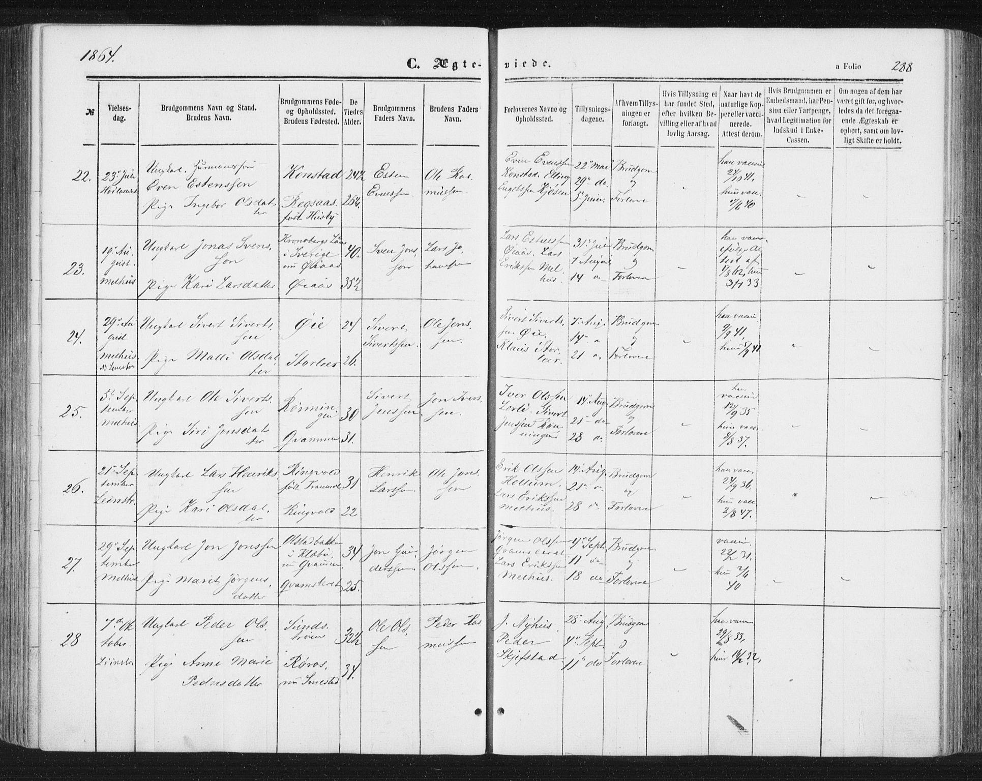 Ministerialprotokoller, klokkerbøker og fødselsregistre - Sør-Trøndelag, AV/SAT-A-1456/691/L1077: Parish register (official) no. 691A09, 1862-1873, p. 288