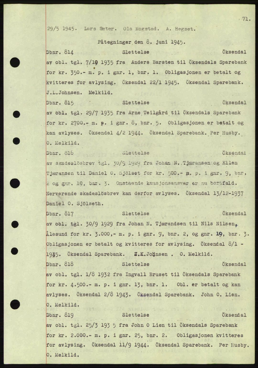 Nordmøre sorenskriveri, AV/SAT-A-4132/1/2/2Ca: Mortgage book no. C82a, 1945-1946, Diary no: : 814/1945