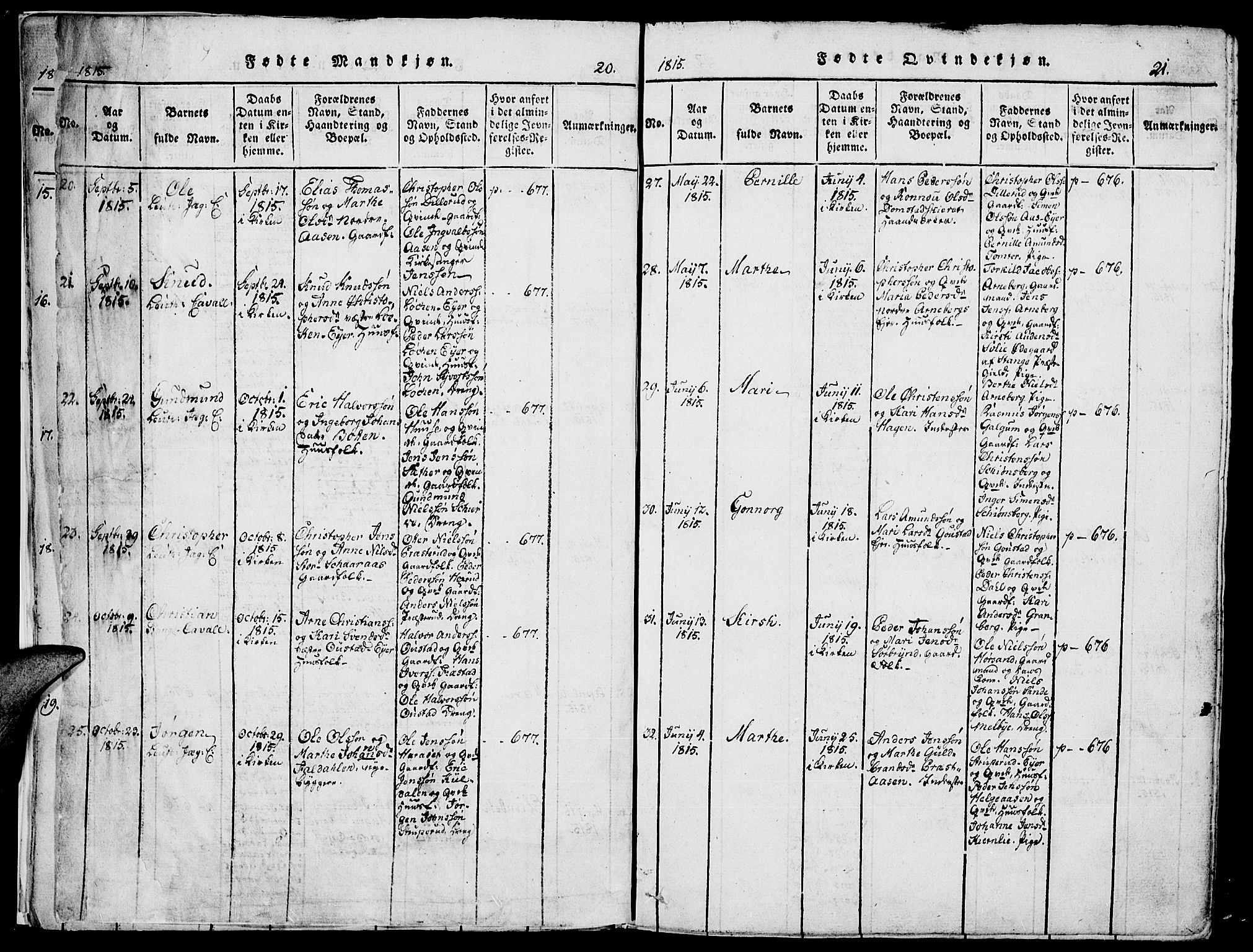 Romedal prestekontor, AV/SAH-PREST-004/K/L0002: Parish register (official) no. 2, 1814-1828, p. 20-21