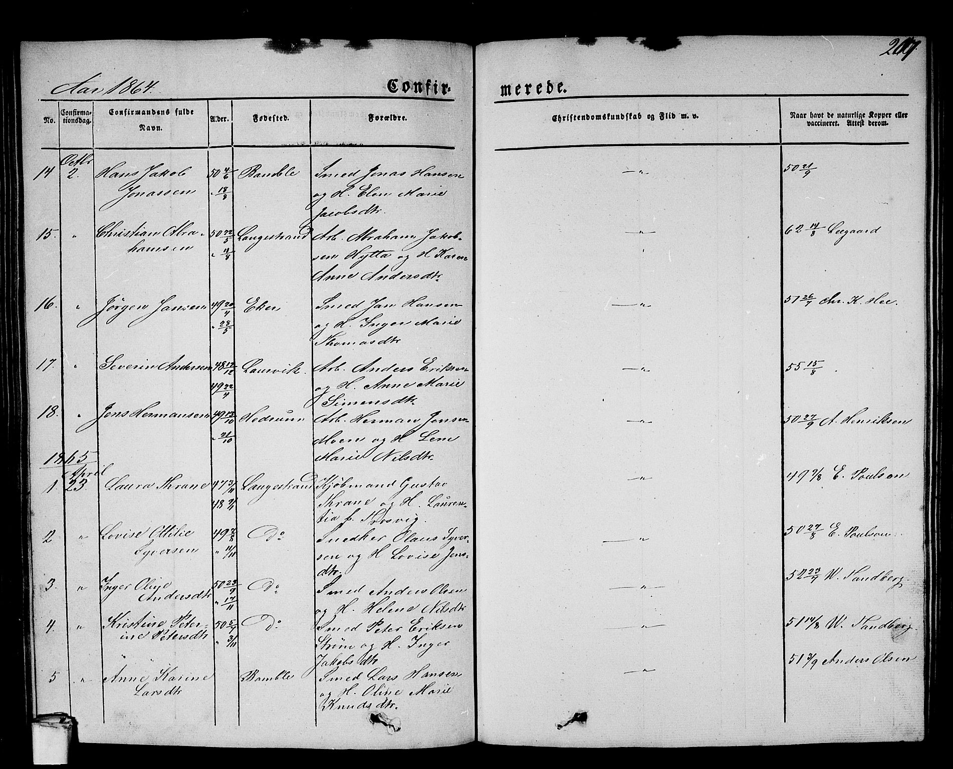 Larvik kirkebøker, SAKO/A-352/G/Gb/L0002: Parish register (copy) no. II 2, 1843-1866, p. 207