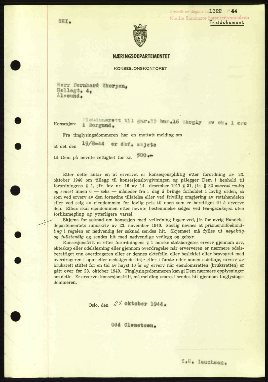 Nordre Sunnmøre sorenskriveri, SAT/A-0006/1/2/2C/2Ca: Mortgage book no. B6-14 a, 1942-1945, Diary no: : 1322/1944