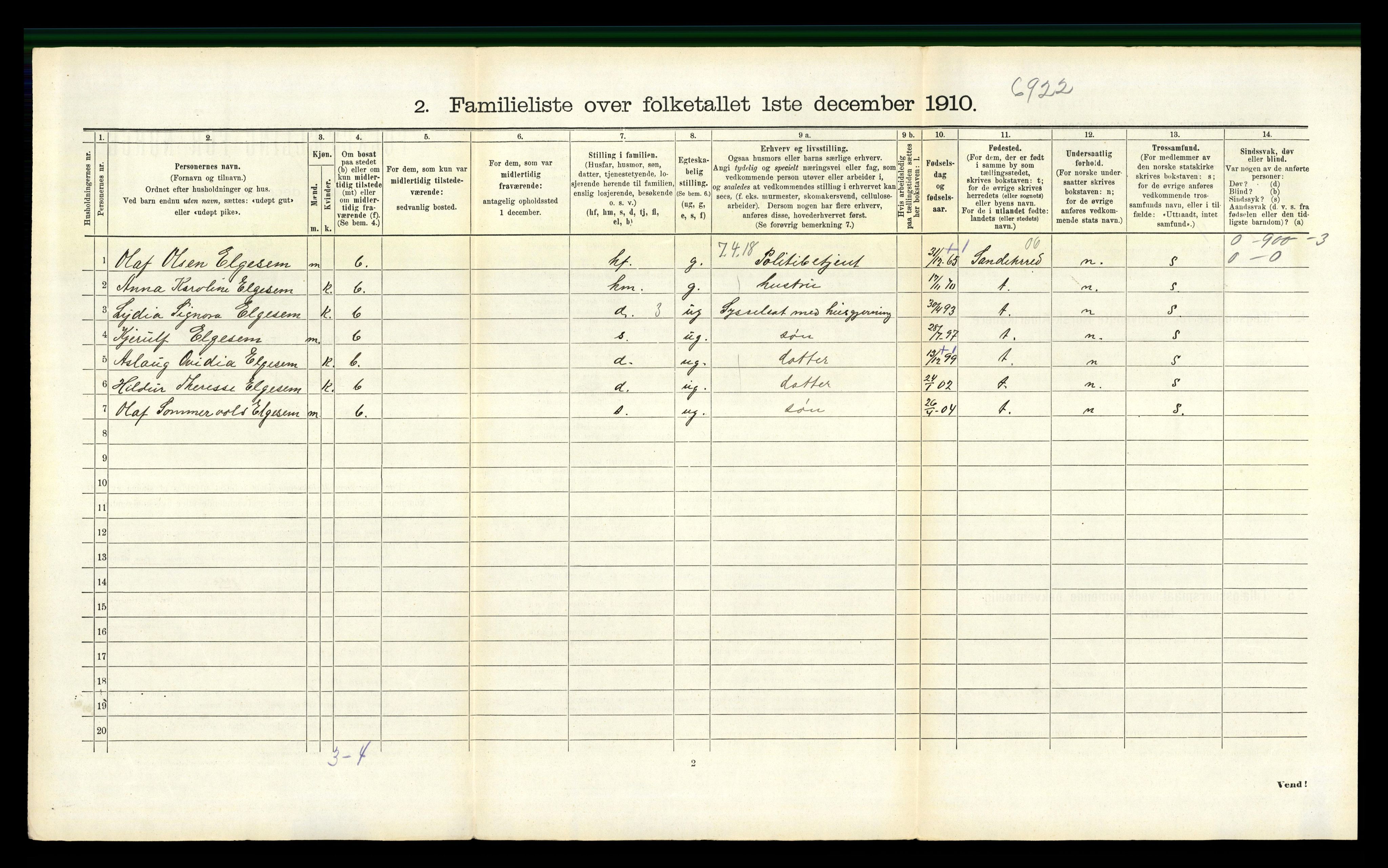 RA, 1910 census for Sandefjord, 1910, p. 3327