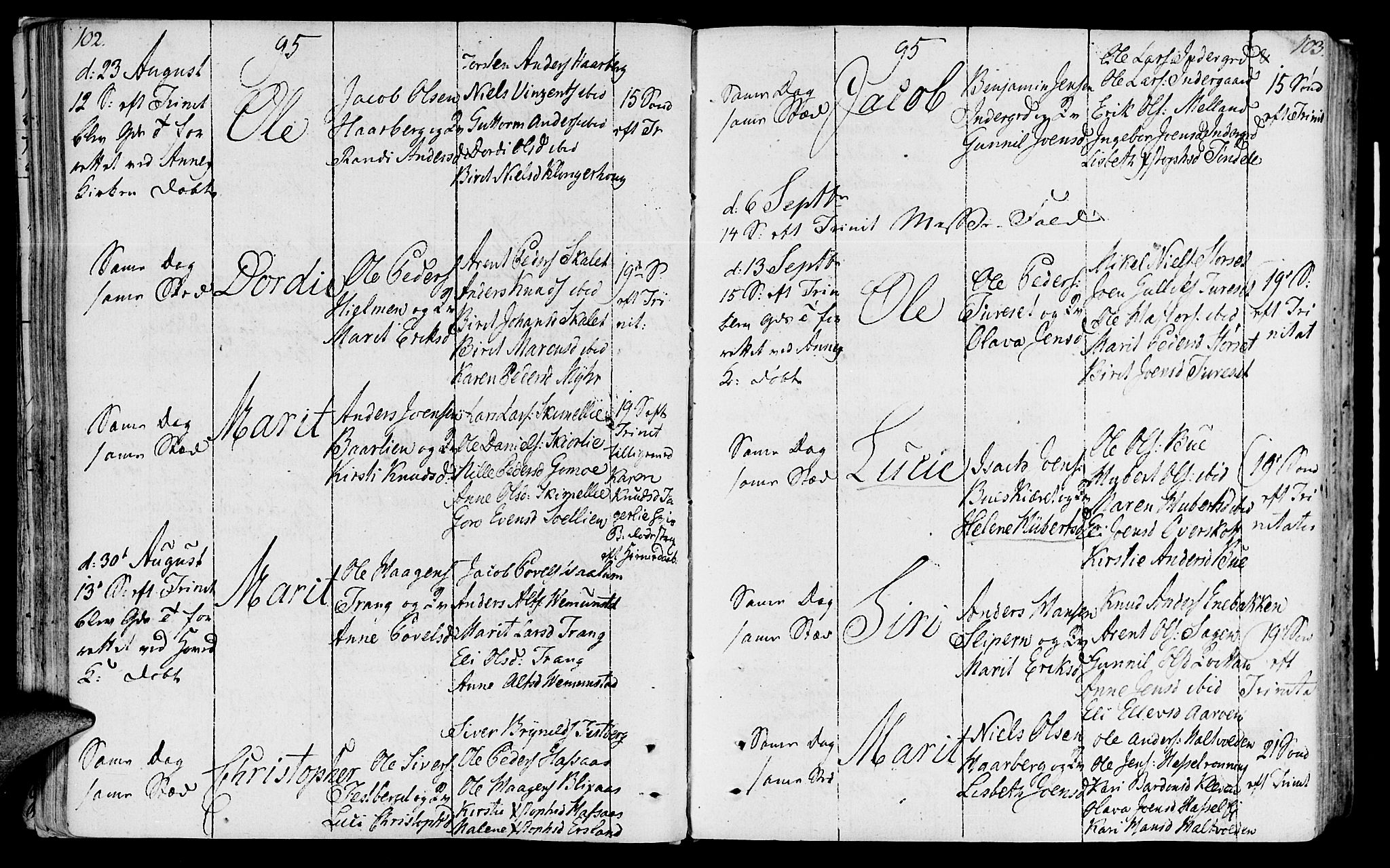 Ministerialprotokoller, klokkerbøker og fødselsregistre - Sør-Trøndelag, AV/SAT-A-1456/646/L0606: Parish register (official) no. 646A04, 1791-1805, p. 102-103