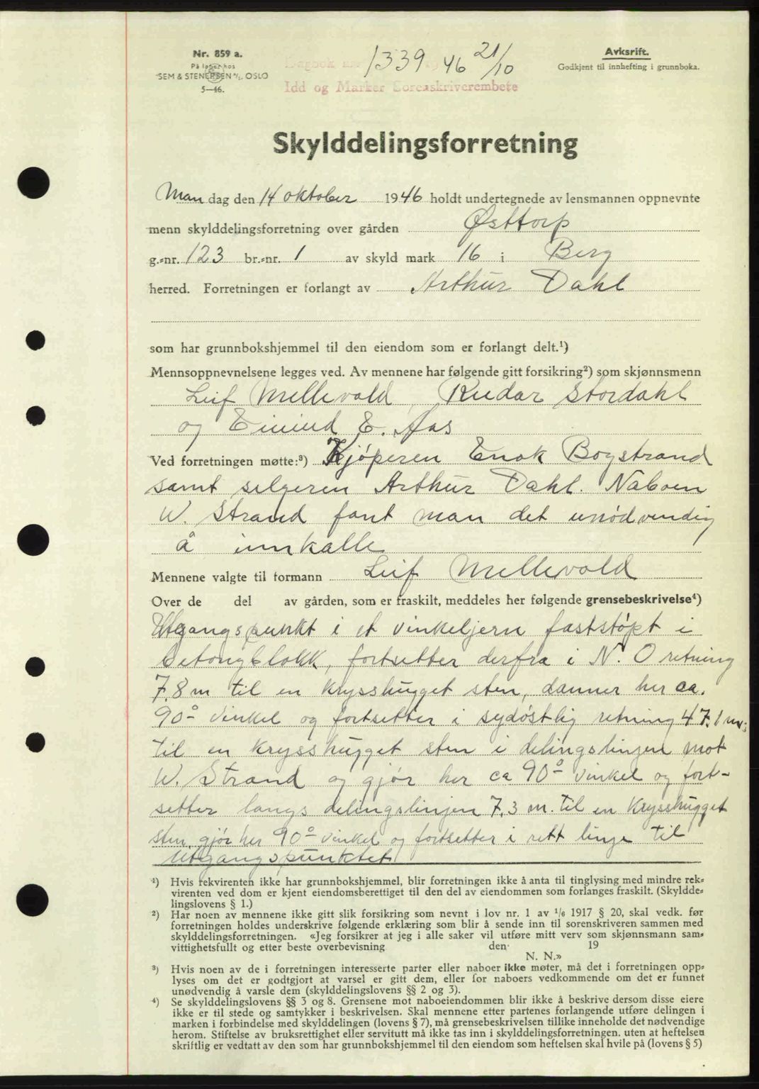 Idd og Marker sorenskriveri, AV/SAO-A-10283/G/Gb/Gbb/L0008: Mortgage book no. A8, 1946-1946, Diary no: : 1339/1946