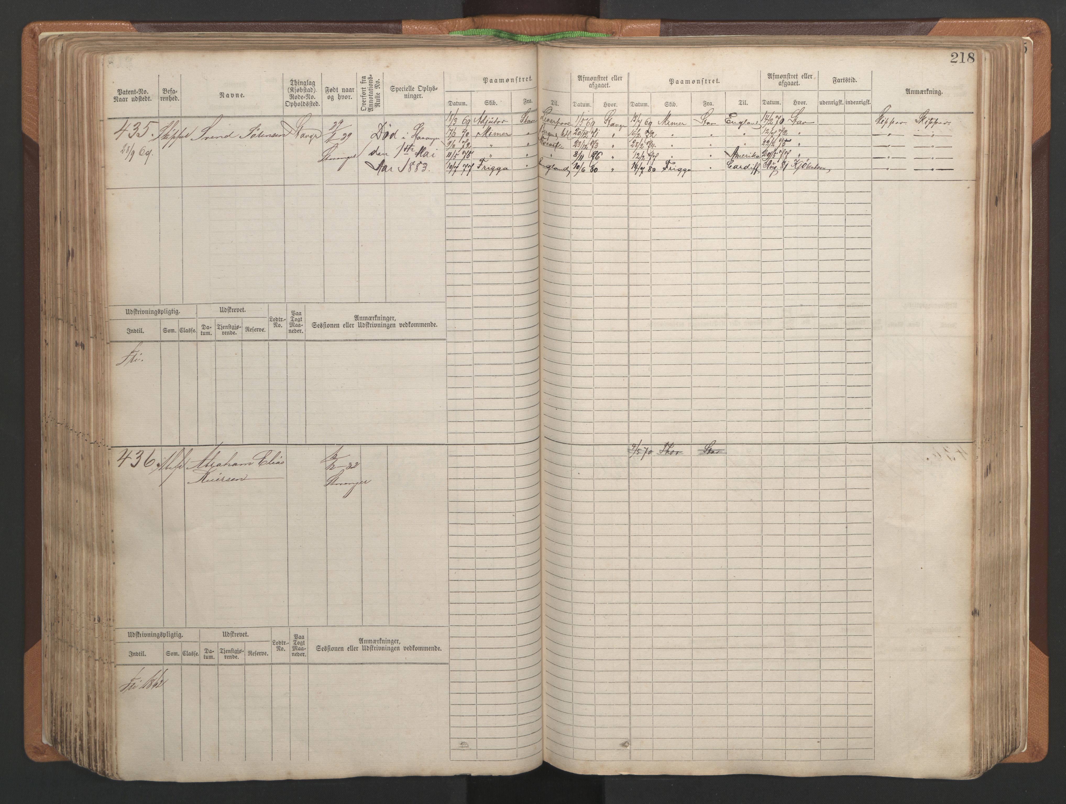 Stavanger sjømannskontor, AV/SAST-A-102006/F/Fb/Fbb/L0004: Sjøfartshovedrulle, patentnr. 1-792 (del 1), 1869-1880, p. 222