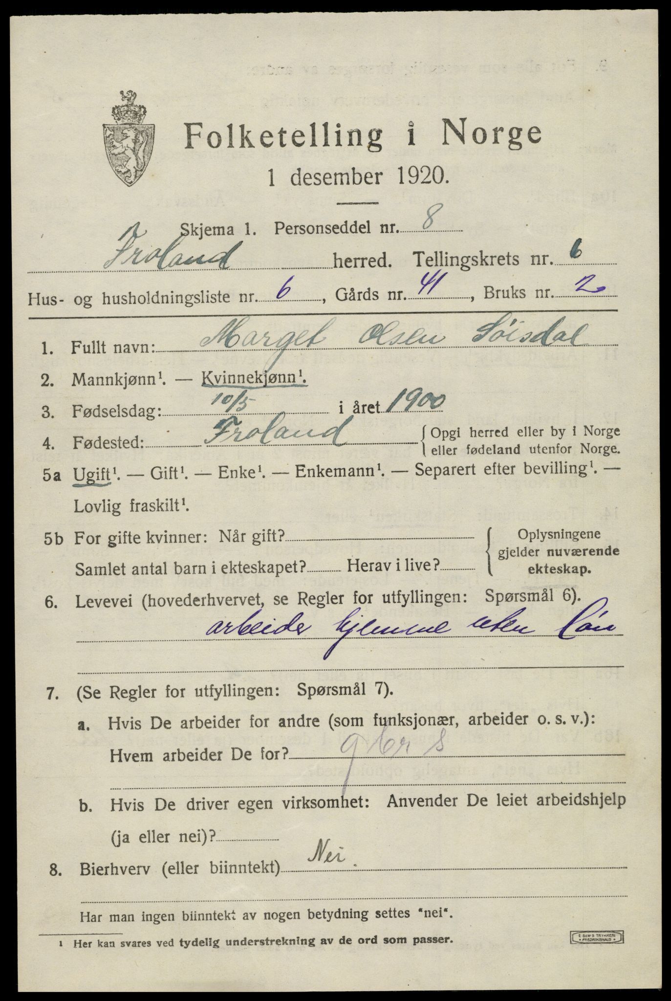 SAK, 1920 census for Froland, 1920, p. 4107