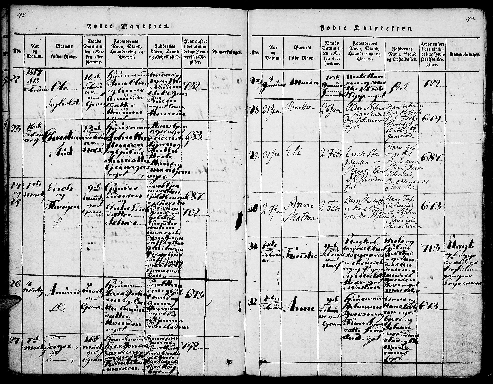 Gran prestekontor, AV/SAH-PREST-112/H/Ha/Haa/L0009: Parish register (official) no. 9, 1815-1824, p. 42-43