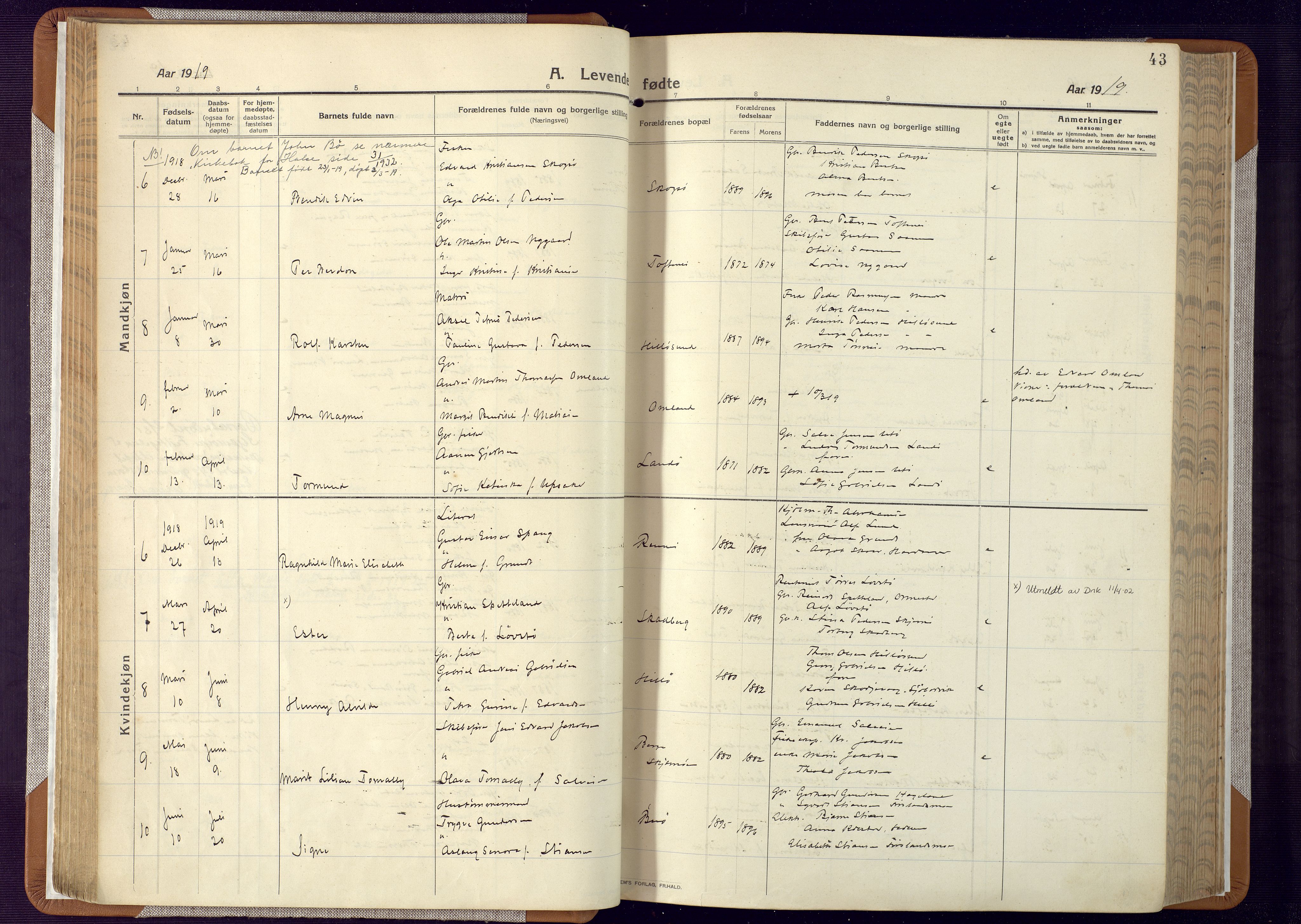 Mandal sokneprestkontor, AV/SAK-1111-0030/F/Fa/Faa/L0022: Parish register (official) no. A 22, 1913-1925, p. 43