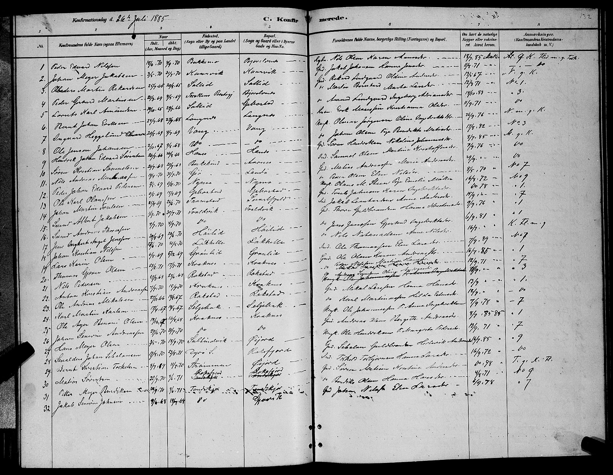 Lenvik sokneprestembete, SATØ/S-1310/H/Ha/Hab/L0006klokker: Parish register (copy) no. 6, 1881-1889, p. 132