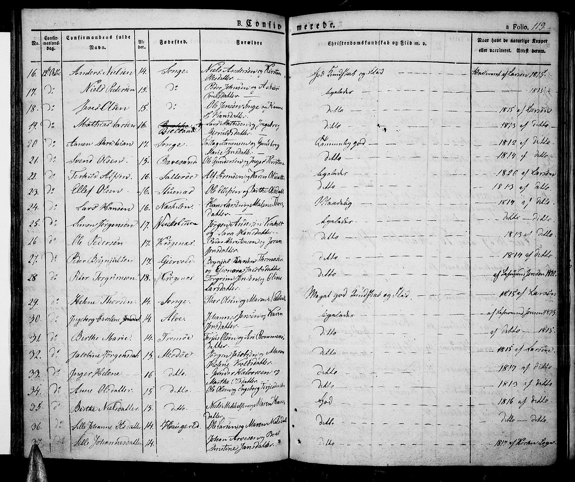 Tromøy sokneprestkontor, SAK/1111-0041/F/Fa/L0003: Parish register (official) no. A 3, 1825-1837, p. 119