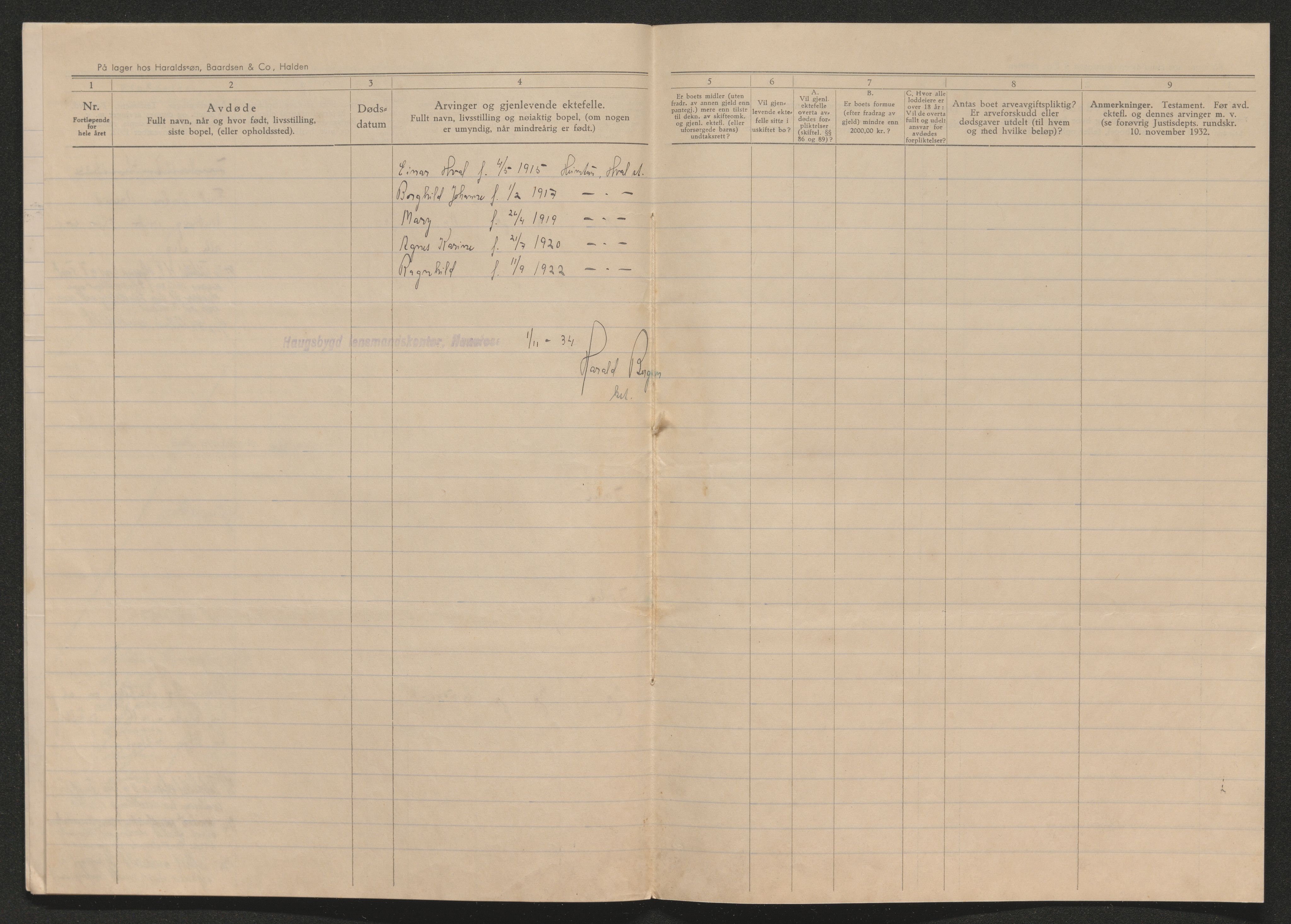 Ringerike sorenskriveri, AV/SAKO-A-105/H/Ha/Hab/L0017: Dødsfallslister Haugsbygd, 1931-1940