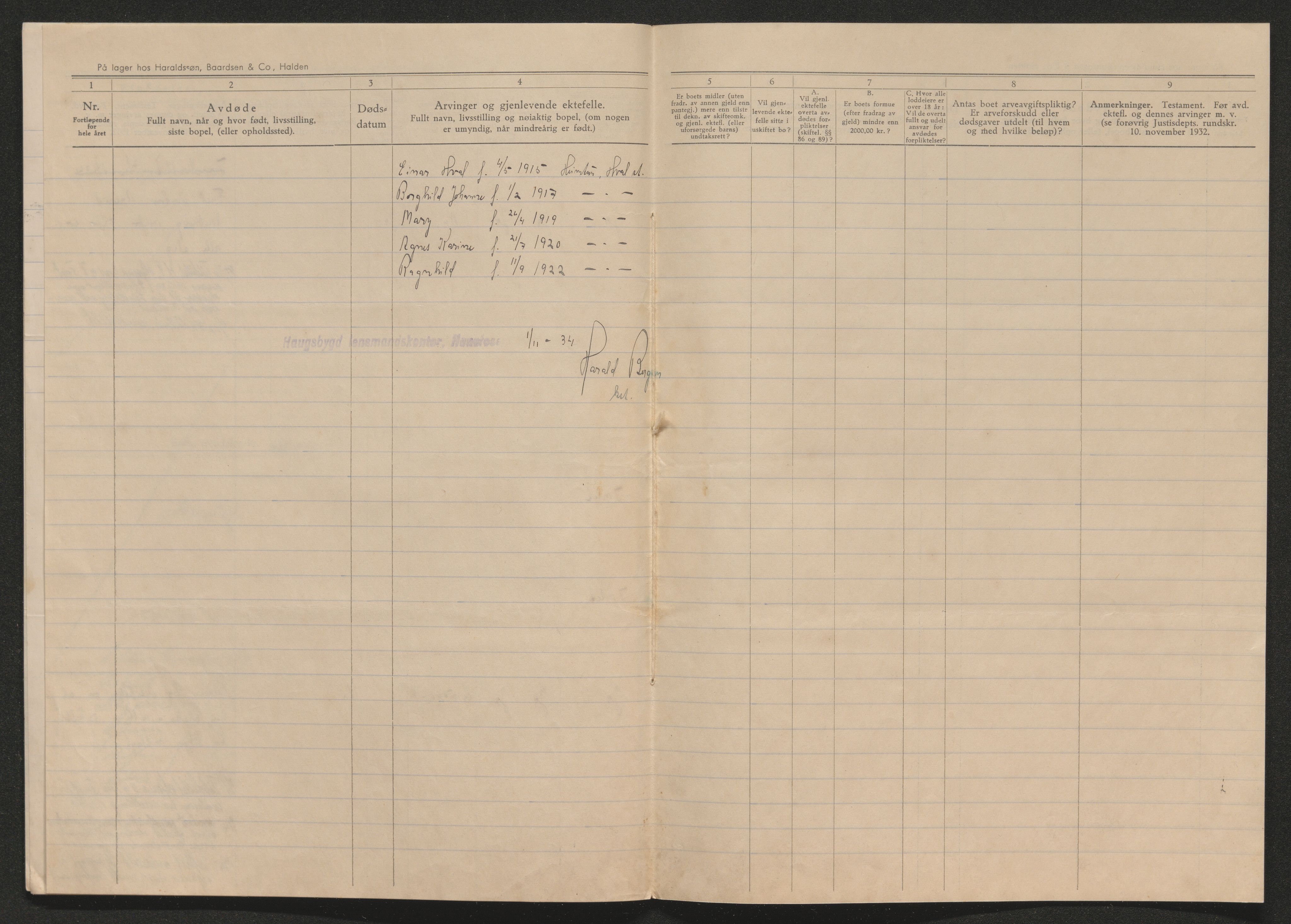 Ringerike sorenskriveri, SAKO/A-105/H/Ha/Hab/L0017: Dødsfallslister Haugsbygd, 1931-1940