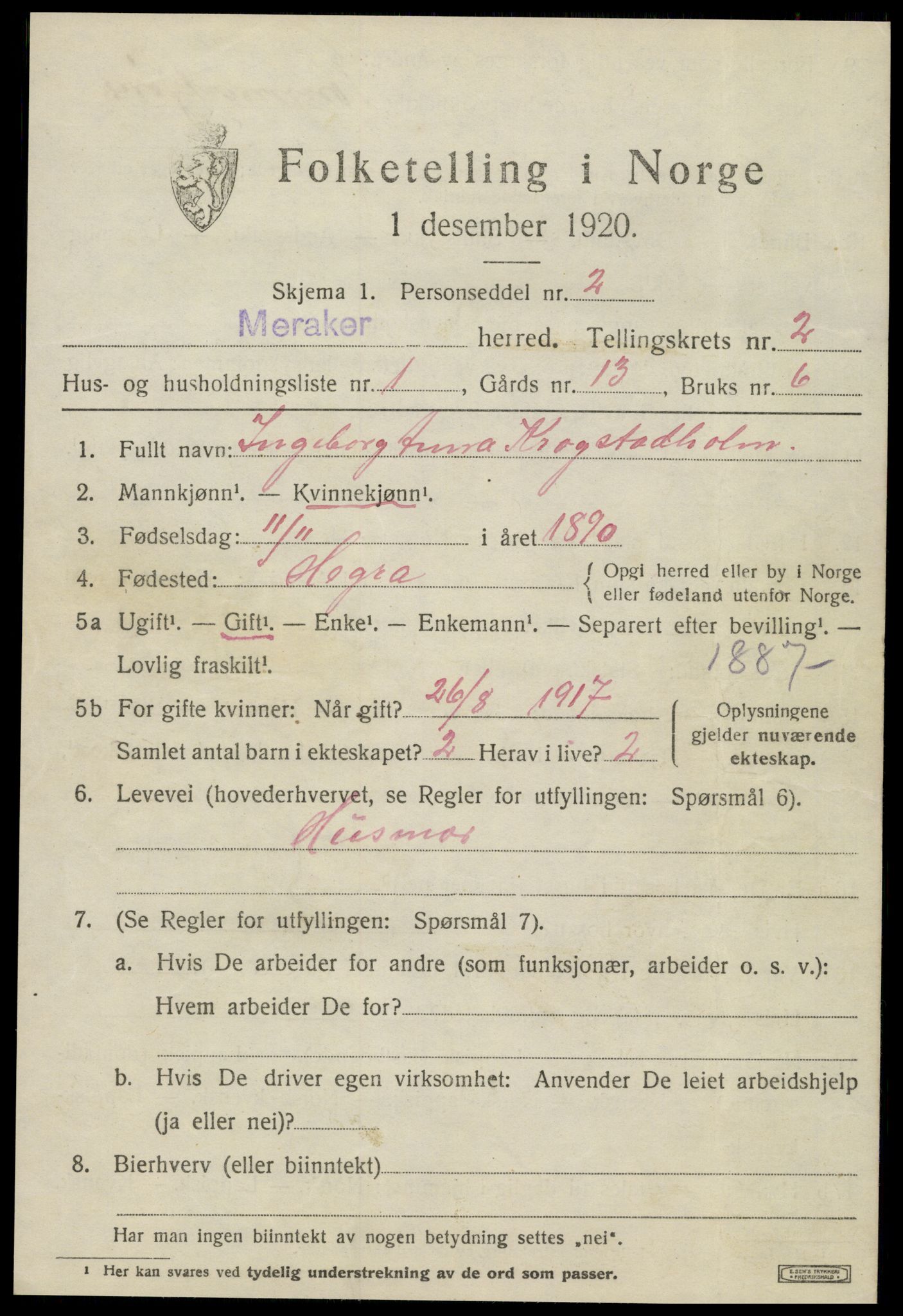 SAT, 1920 census for Meråker, 1920, p. 1736