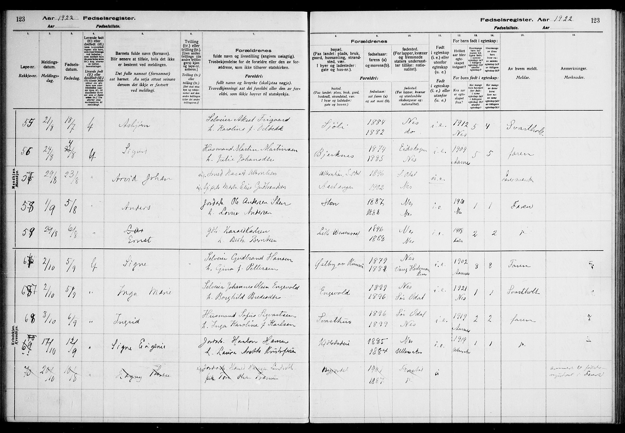 Nes prestekontor Kirkebøker, AV/SAO-A-10410/J/Ja/L0001: Birth register no. 1, 1916-1926, p. 123