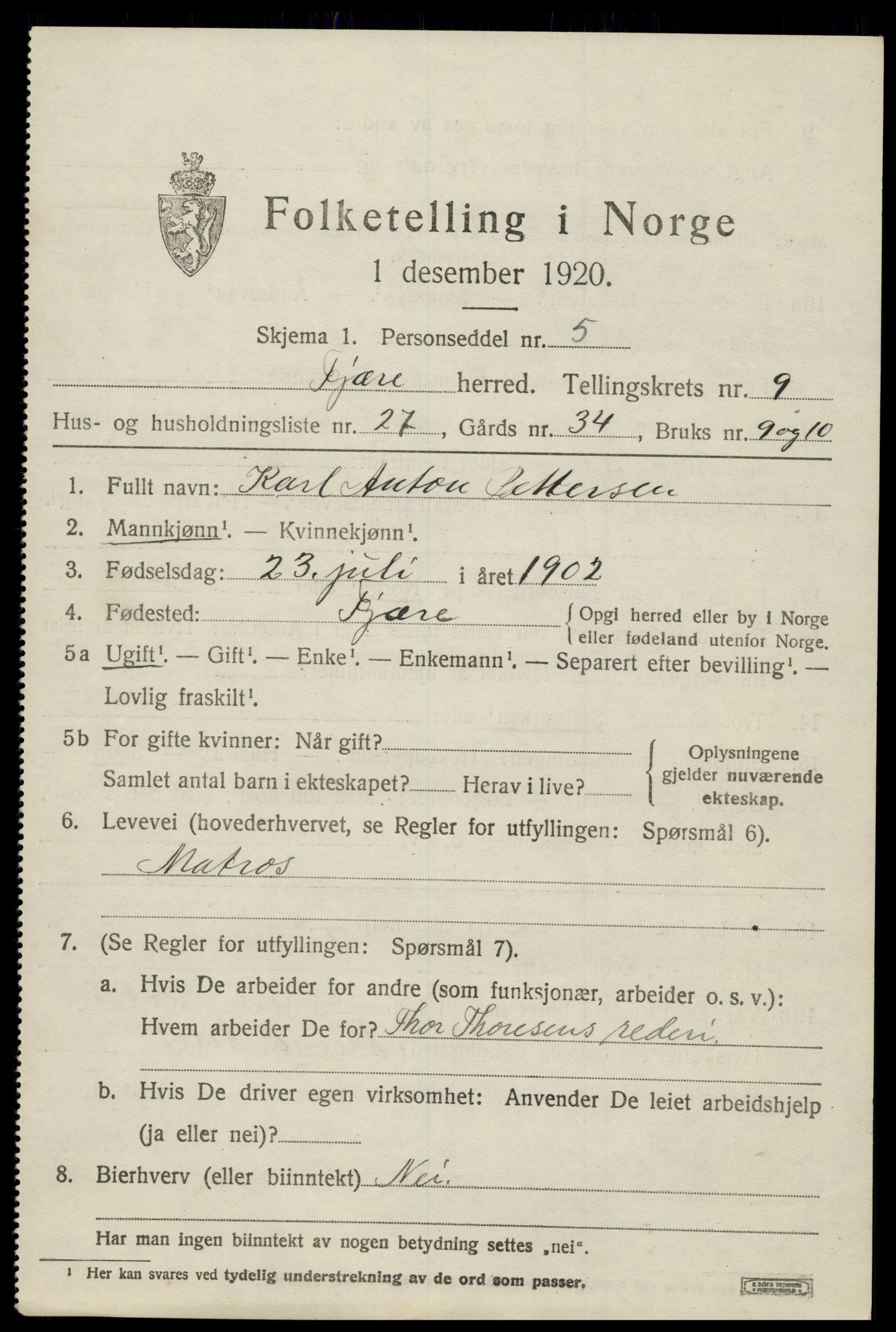 SAK, 1920 census for Fjære, 1920, p. 11385