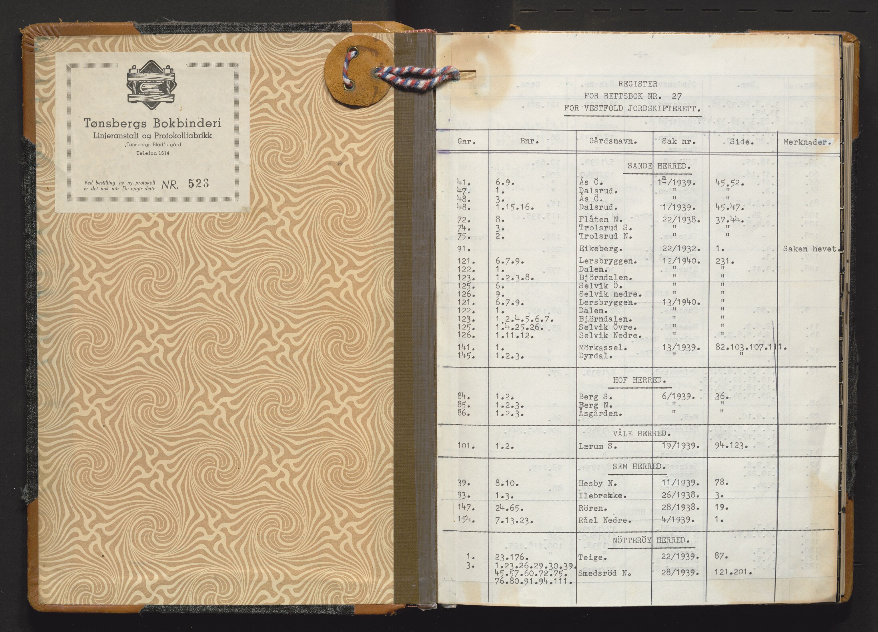Utskiftningsvesenet i Vestfold, AV/SAKO-A-797/F/Fa/L0027: Rettsbok (forhandlingsprotokoll), 1939-1940