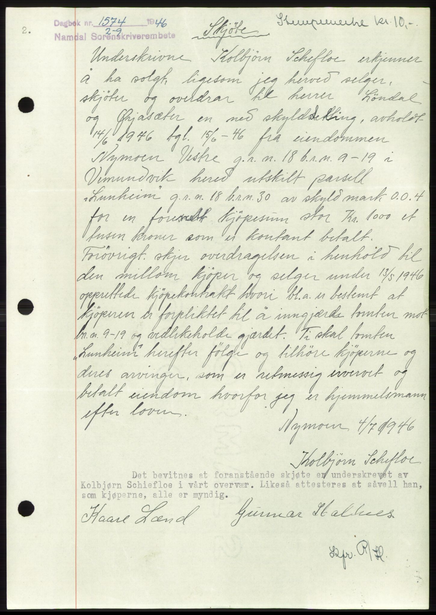 Namdal sorenskriveri, SAT/A-4133/1/2/2C: Mortgage book no. -, 1946-1947, Diary no: : 1574/1946