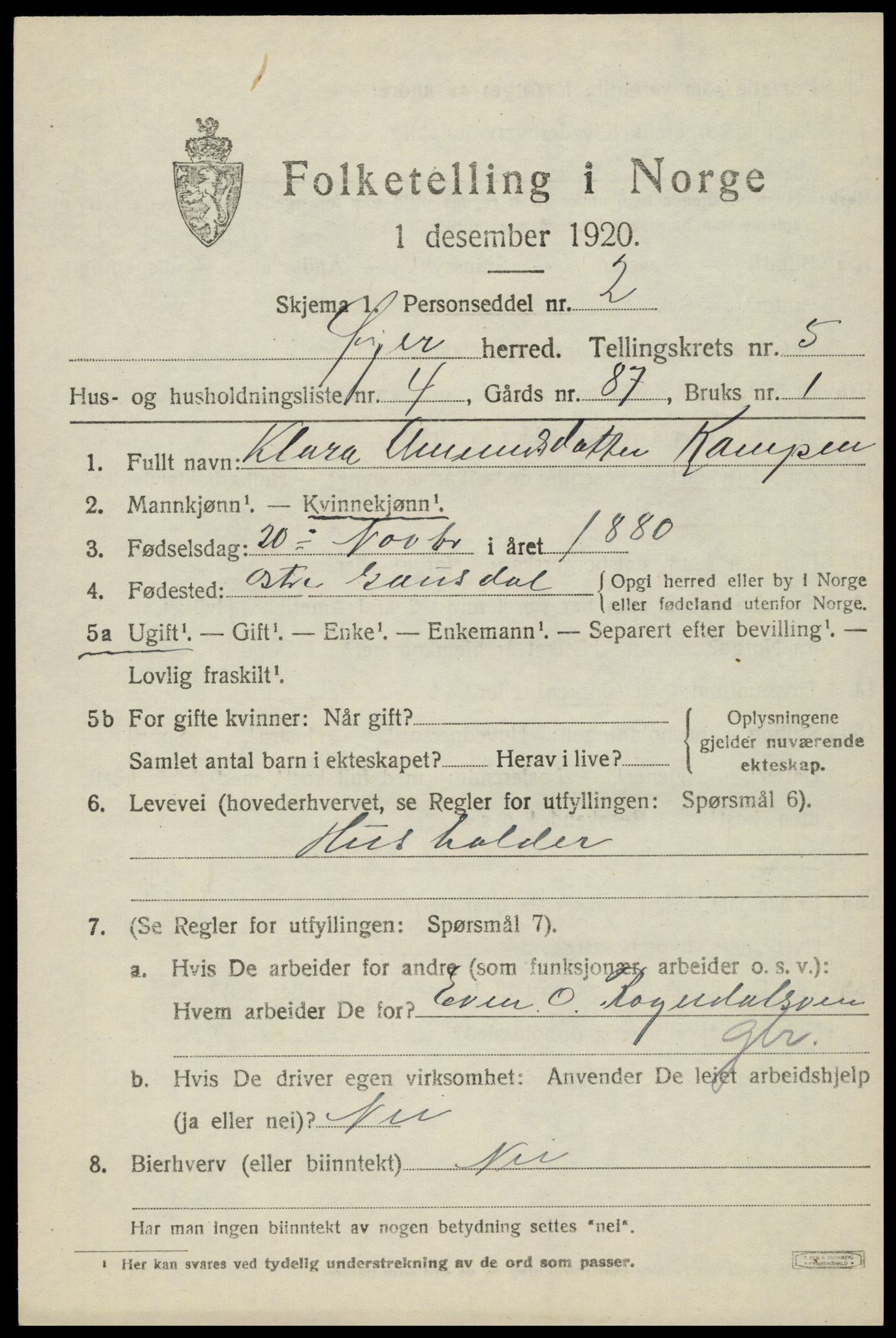 SAH, 1920 census for Øyer, 1920, p. 4497