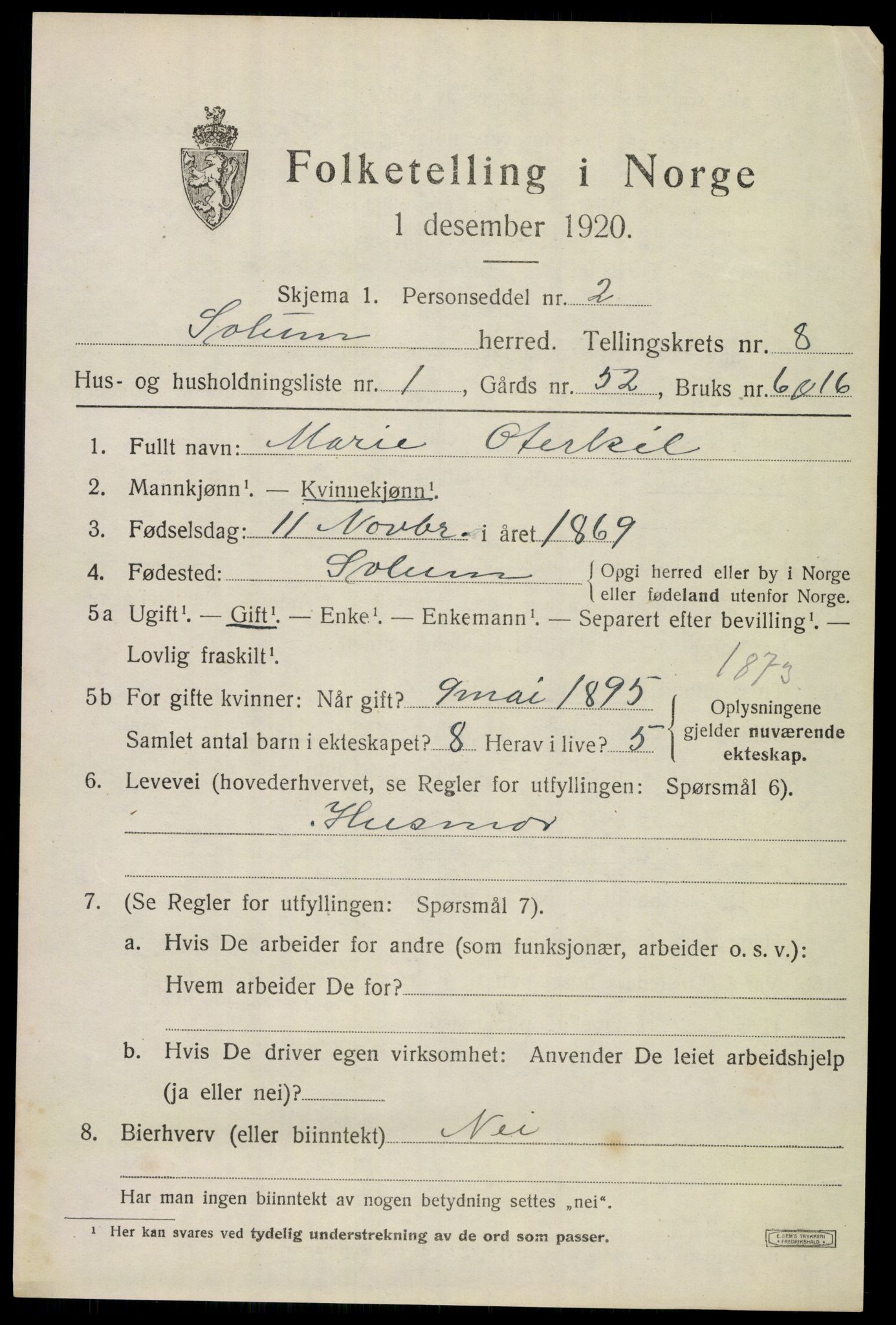 SAKO, 1920 census for Solum, 1920, p. 14290