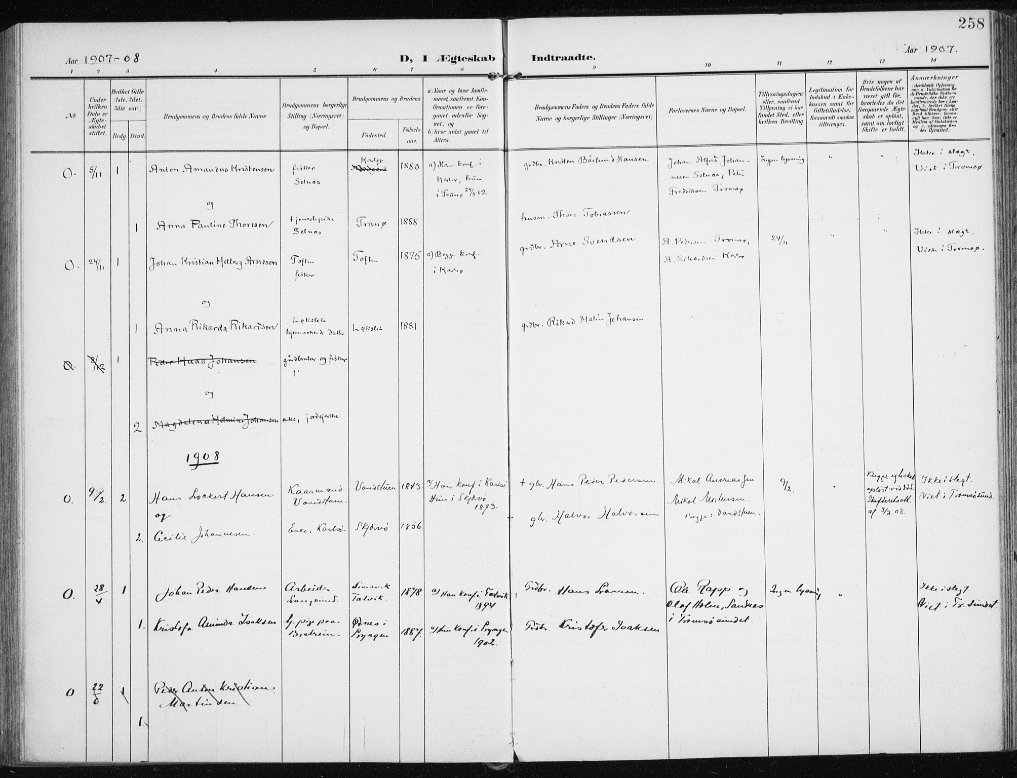 Karlsøy sokneprestembete, AV/SATØ-S-1299/H/Ha/Haa/L0014kirke: Parish register (official) no. 14, 1903-1917, p. 258