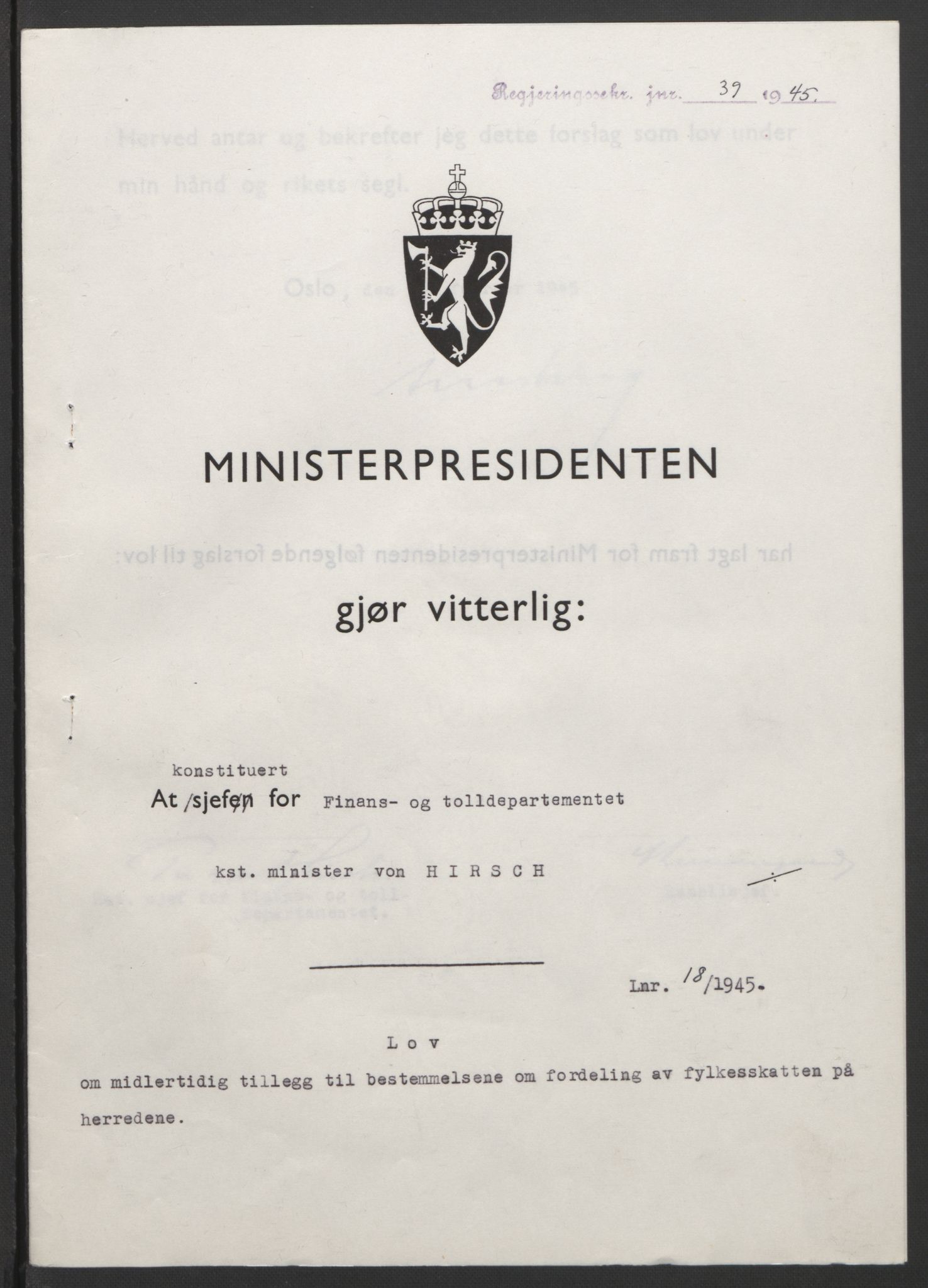 NS-administrasjonen 1940-1945 (Statsrådsekretariatet, de kommisariske statsråder mm), AV/RA-S-4279/D/Db/L0101/0001: -- / Lover og vedtak, 1945, p. 73