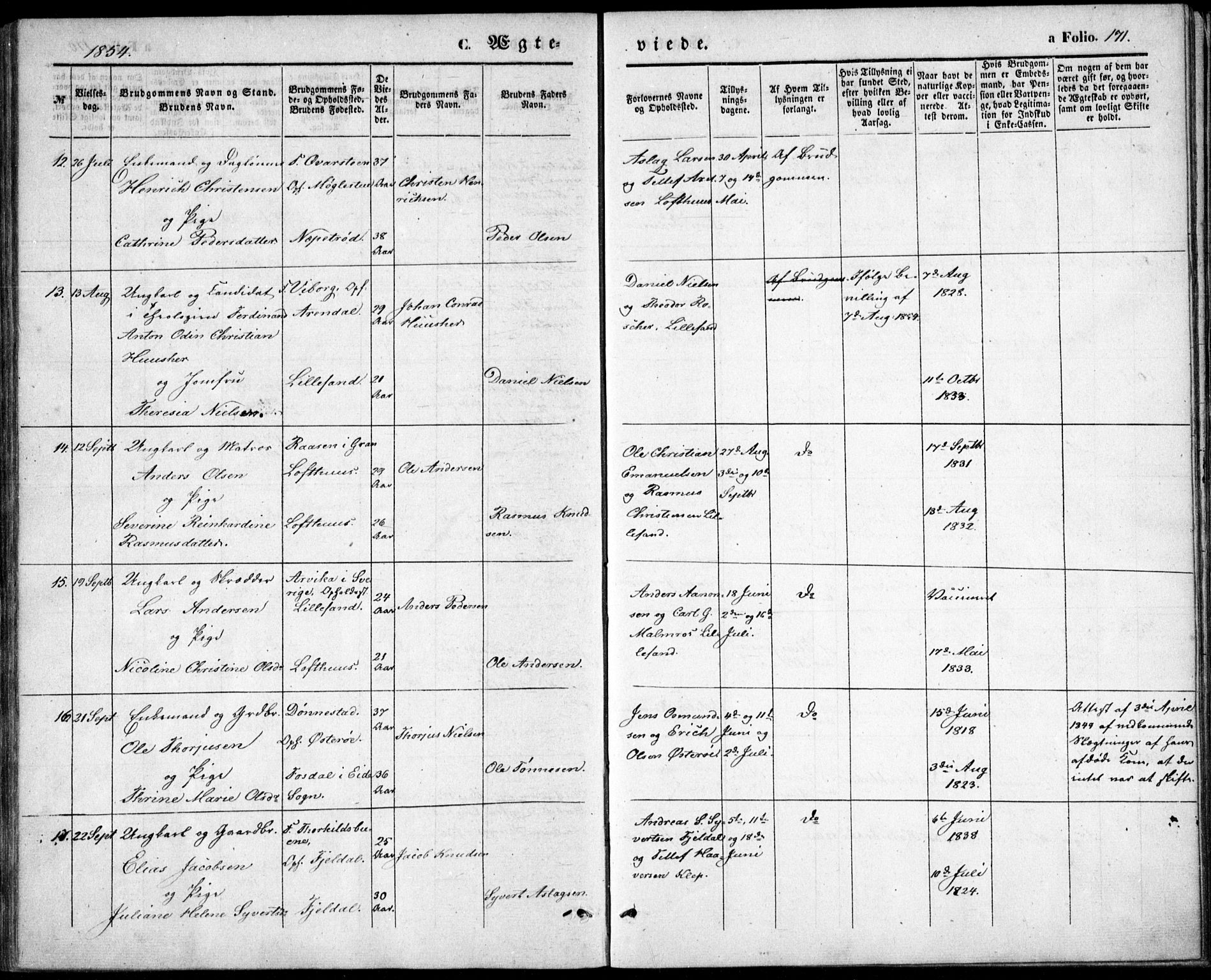 Vestre Moland sokneprestkontor, AV/SAK-1111-0046/F/Fb/Fbb/L0003: Parish register (copy) no. B 3, 1851-1861, p. 171