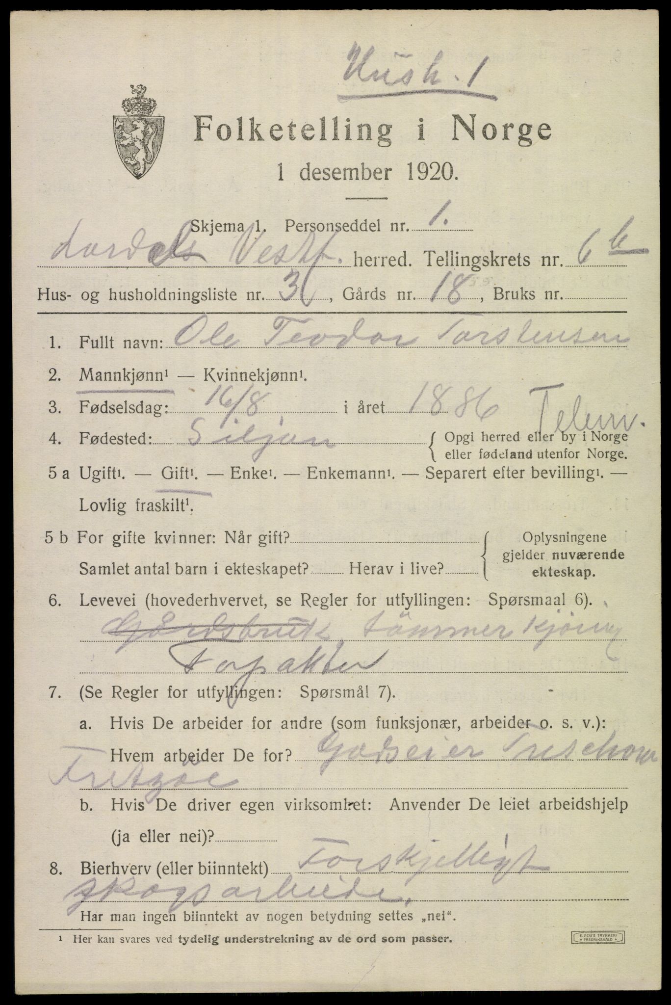 SAKO, 1920 census for Lardal, 1920, p. 5839