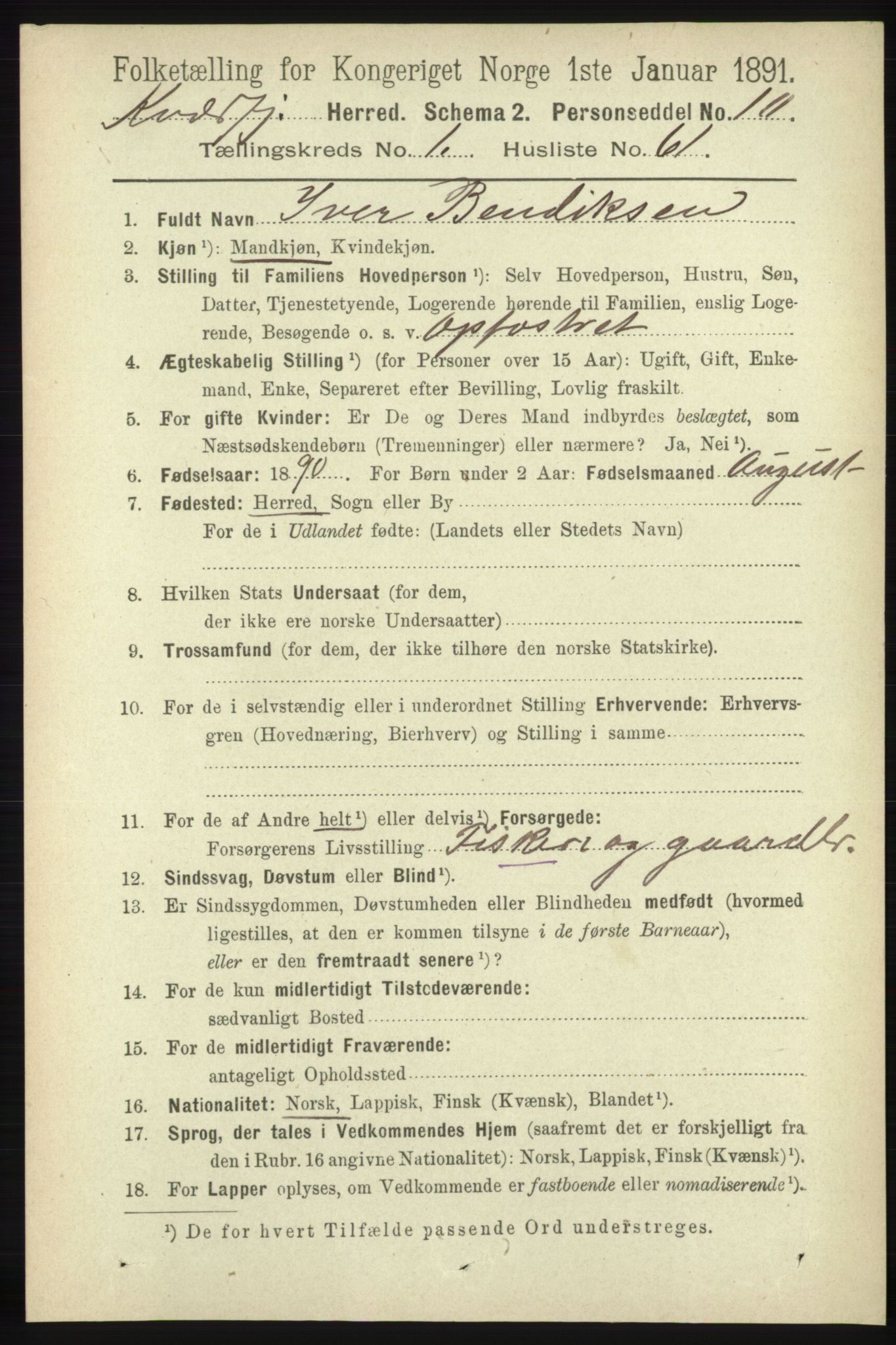 RA, 1891 census for 1911 Kvæfjord, 1891, p. 518