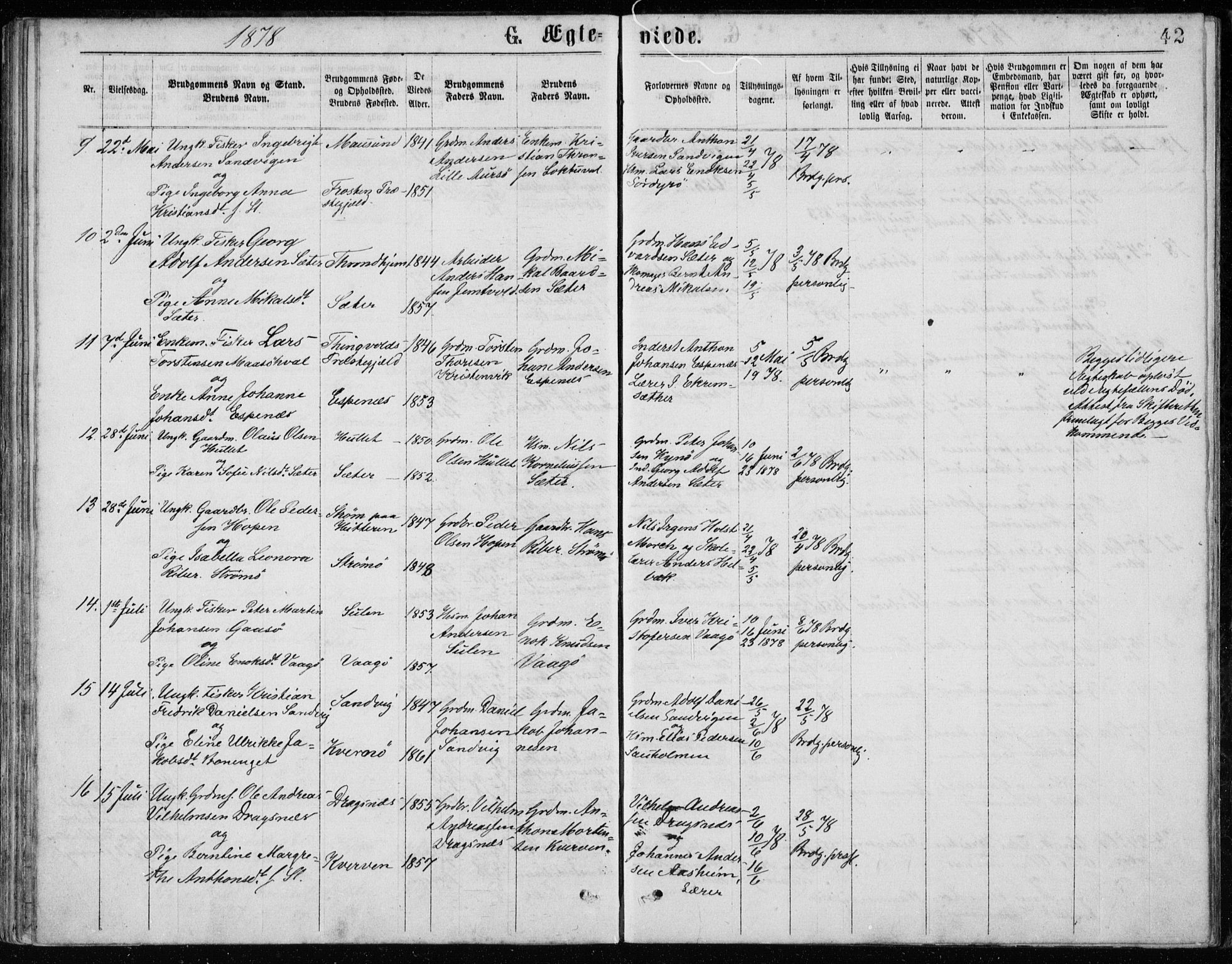 Ministerialprotokoller, klokkerbøker og fødselsregistre - Sør-Trøndelag, AV/SAT-A-1456/640/L0577: Parish register (official) no. 640A02, 1877-1878, p. 42