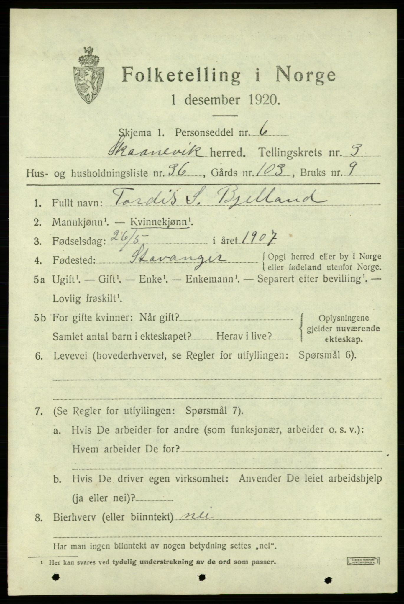 SAB, 1920 census for Skånevik, 1920, p. 3205