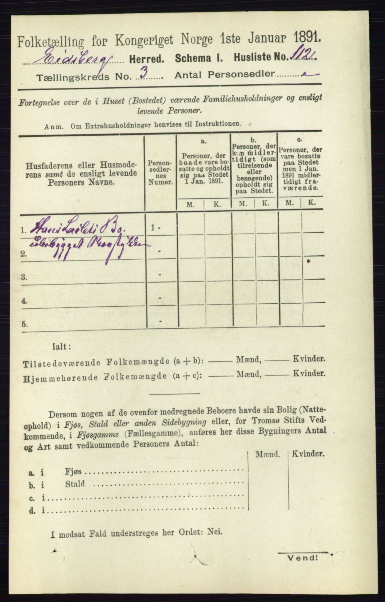 RA, 1891 census for 0125 Eidsberg, 1891, p. 1448