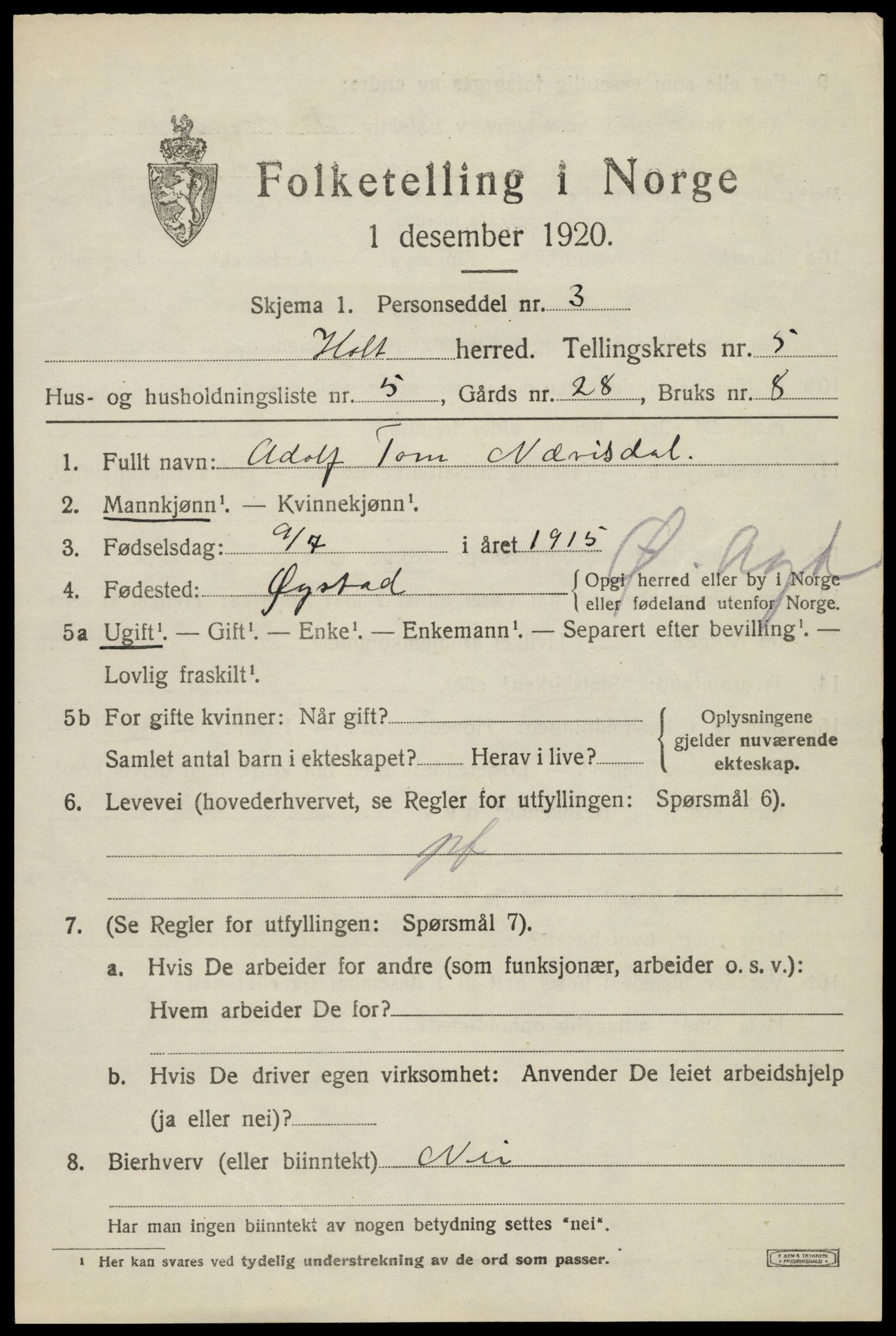 SAK, 1920 census for Holt, 1920, p. 3470