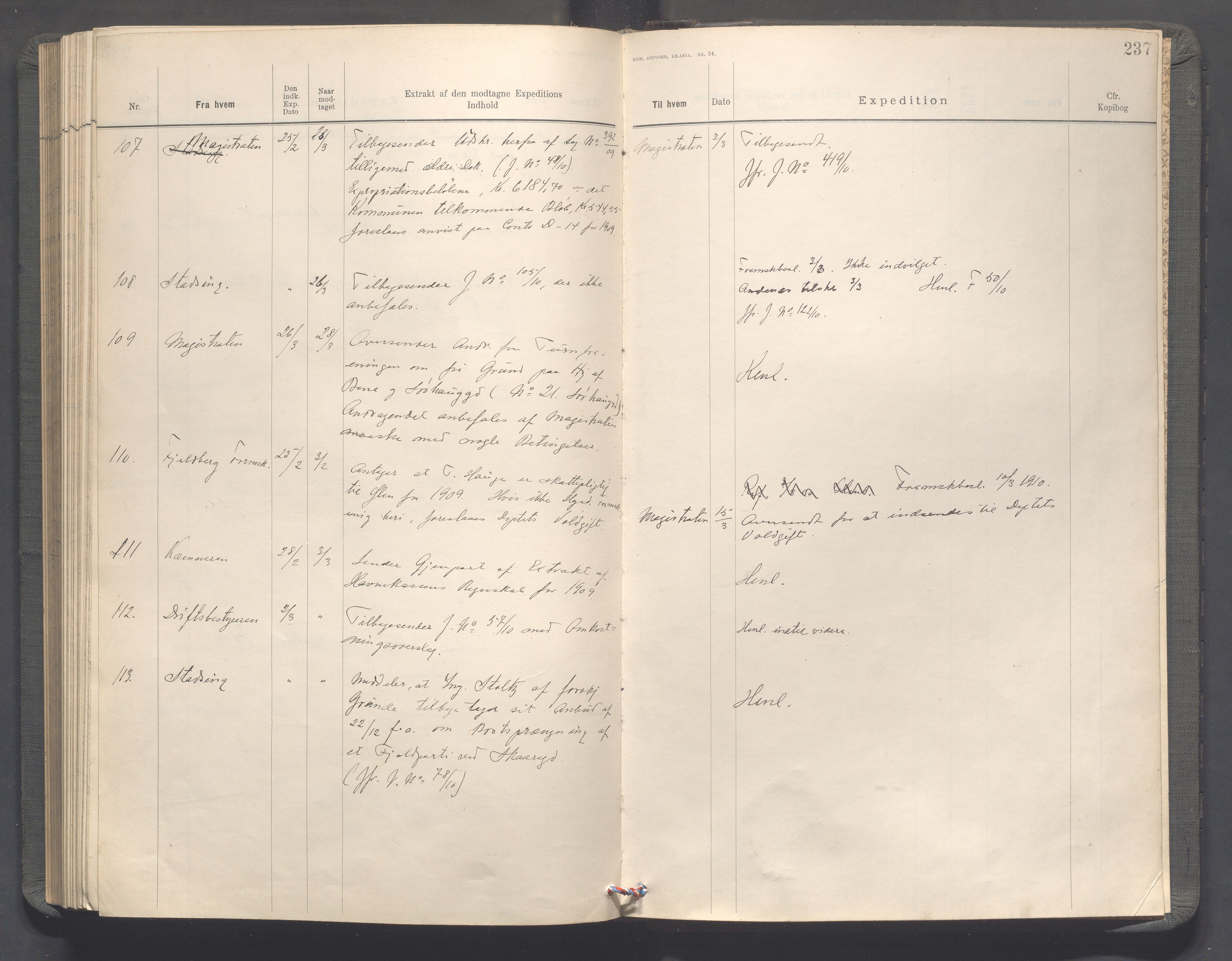 Haugesund kommune - Formannskapet, IKAR/X-0001/C/L0003: Journal, 1907-1910, p. 237