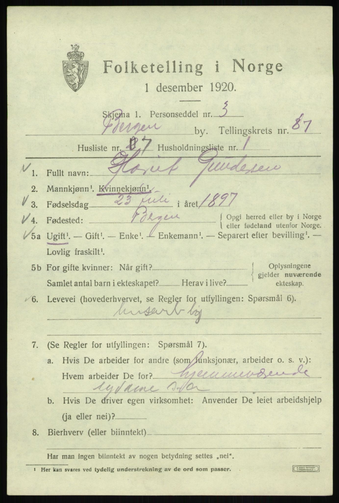 SAB, 1920 census for Bergen, 1920, p. 159436