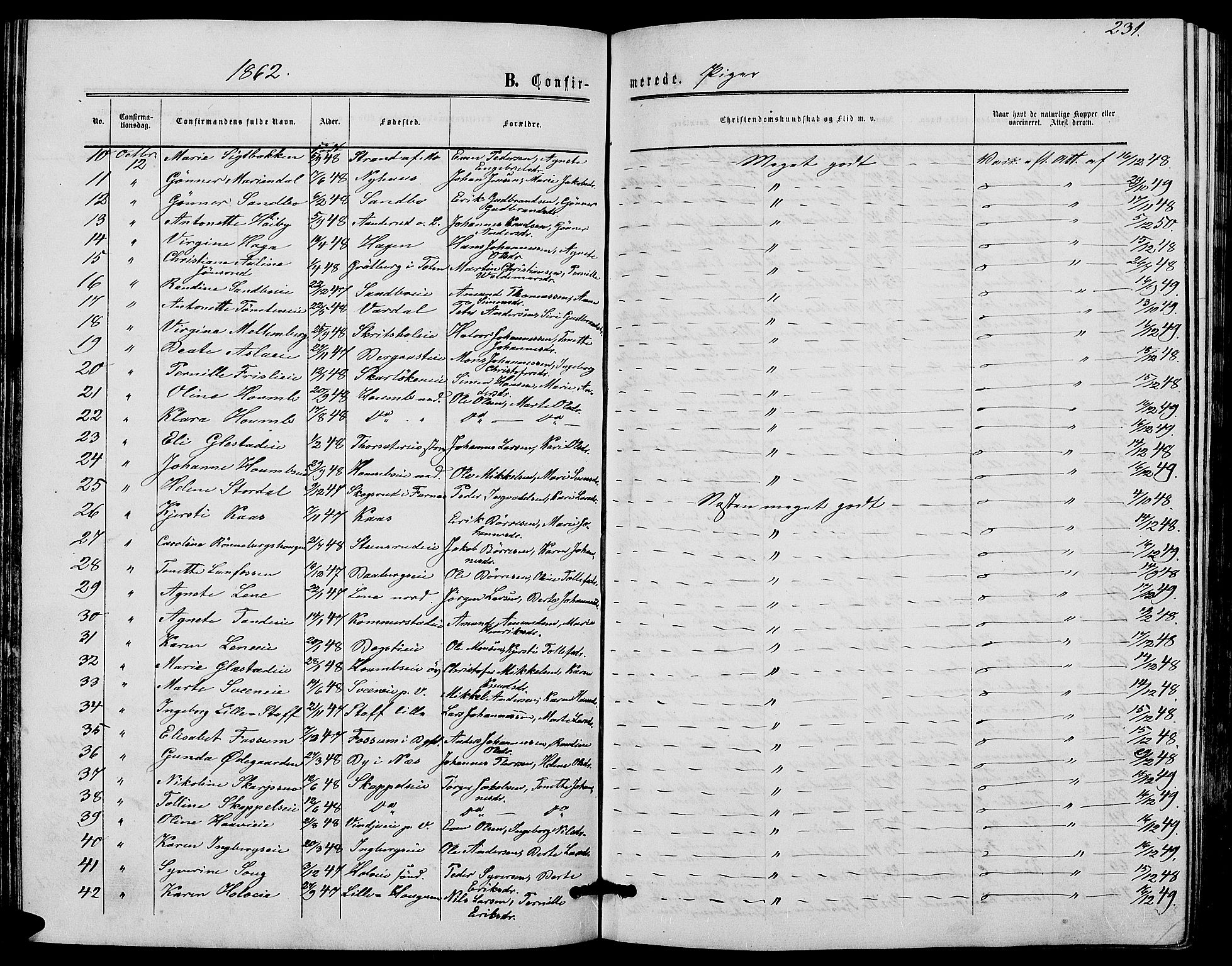 Ringsaker prestekontor, SAH/PREST-014/L/La/L0007: Parish register (copy) no. 7, 1861-1869, p. 231
