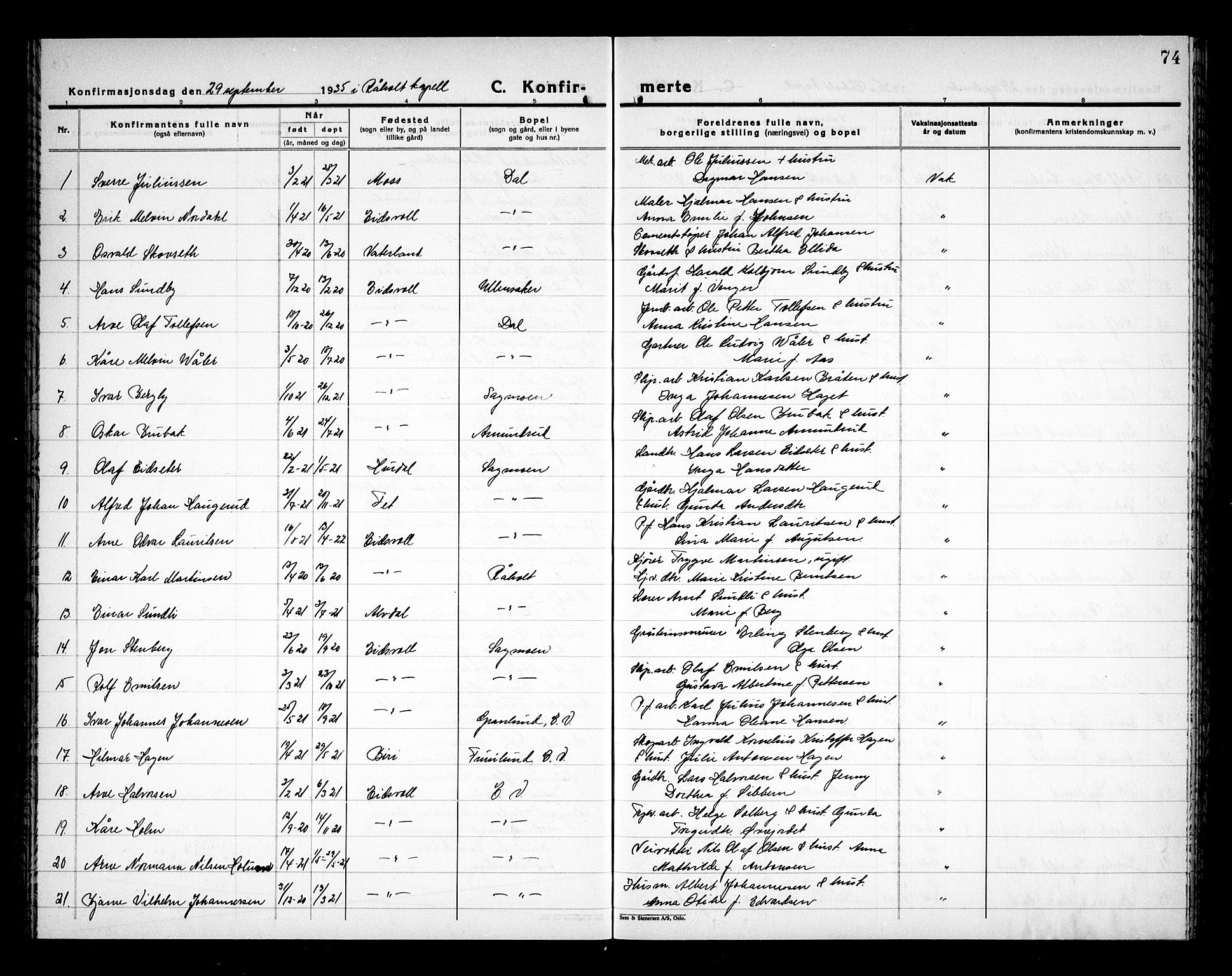 Eidsvoll prestekontor Kirkebøker, AV/SAO-A-10888/G/Ga/L0011: Parish register (copy) no. I 11, 1926-1936, p. 74