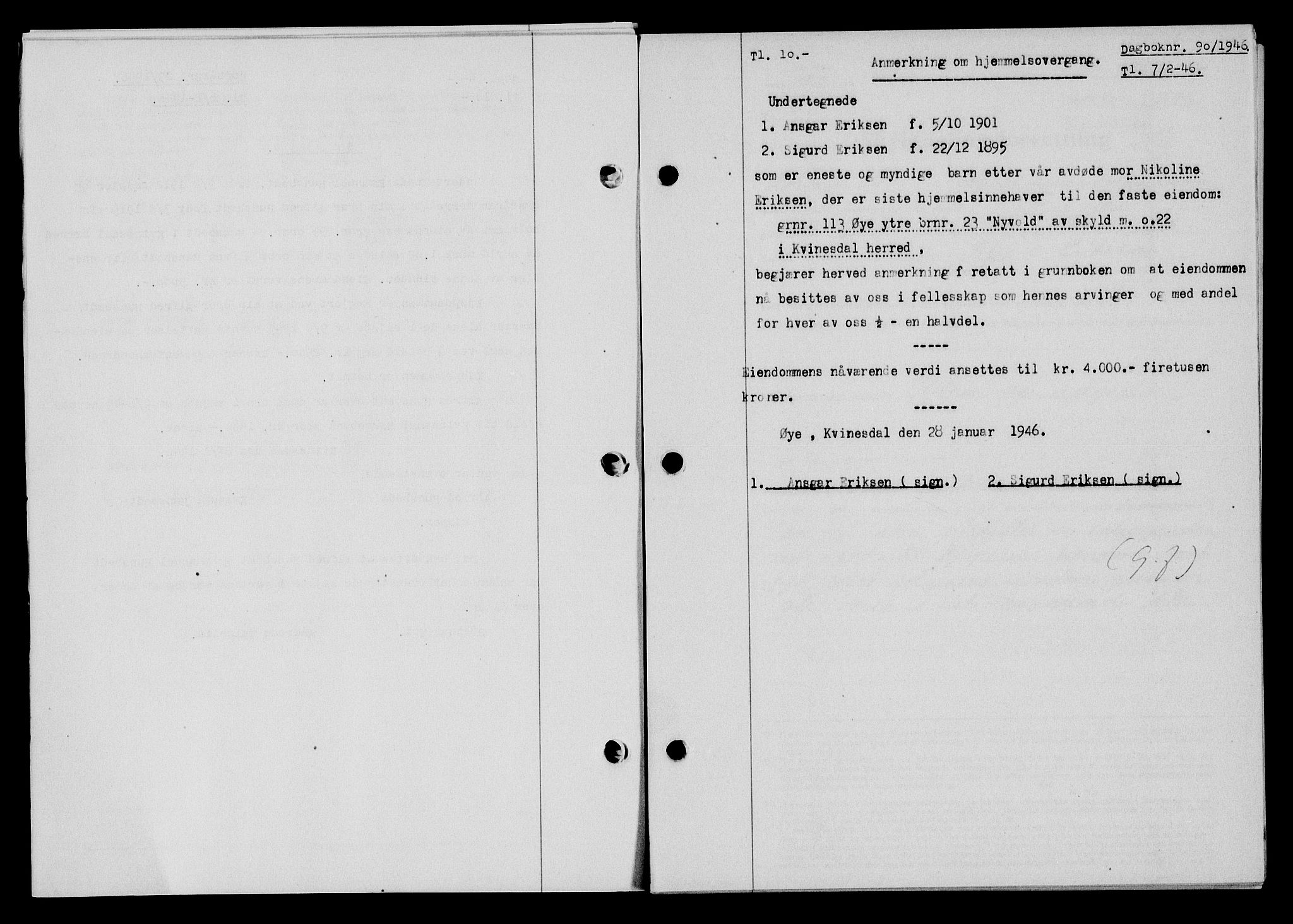 Flekkefjord sorenskriveri, AV/SAK-1221-0001/G/Gb/Gba/L0060: Mortgage book no. A-8, 1945-1946, Diary no: : 90/1946