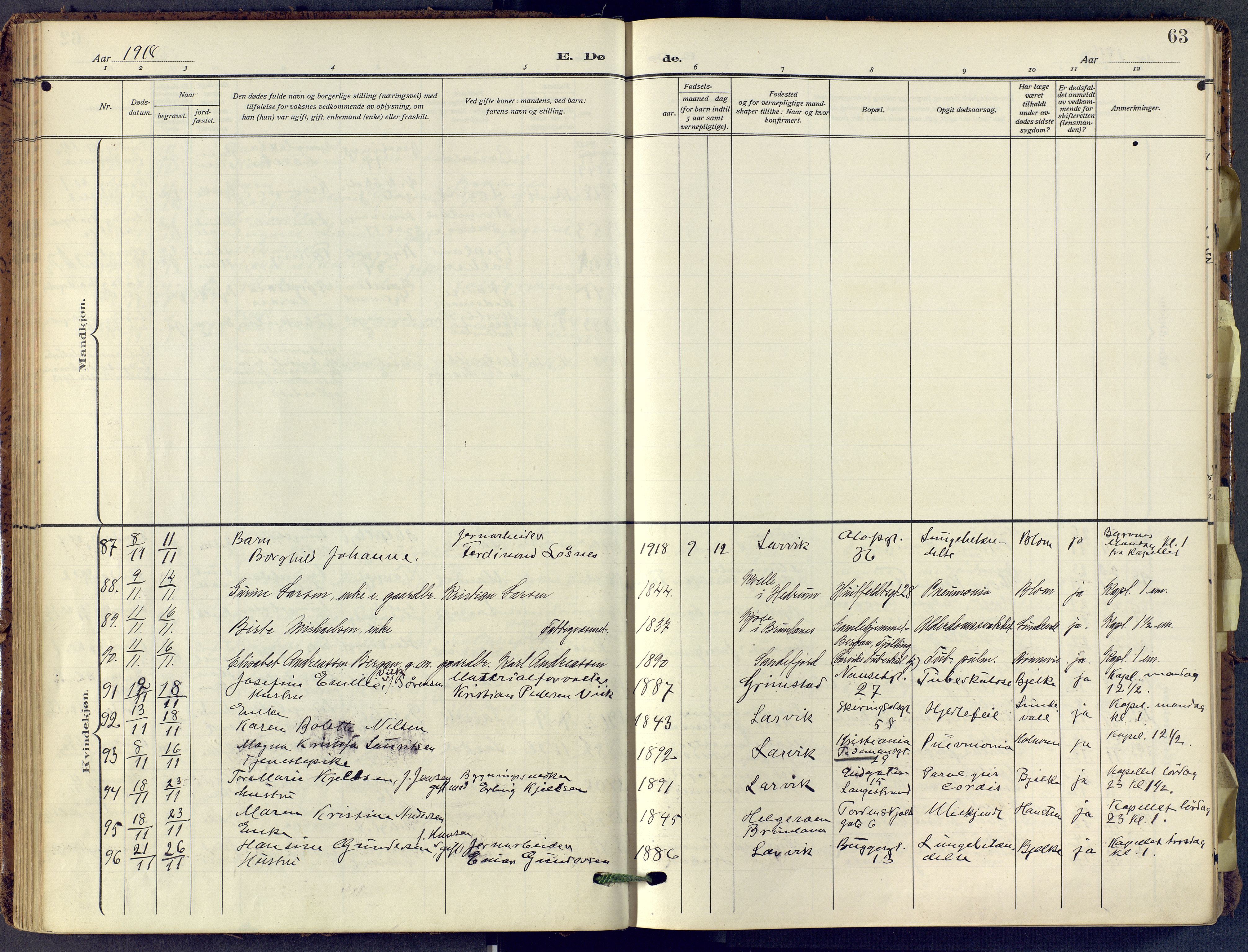 Larvik kirkebøker, AV/SAKO-A-352/F/Fa/L0013: Parish register (official) no. I 13, 1910-1960, p. 63