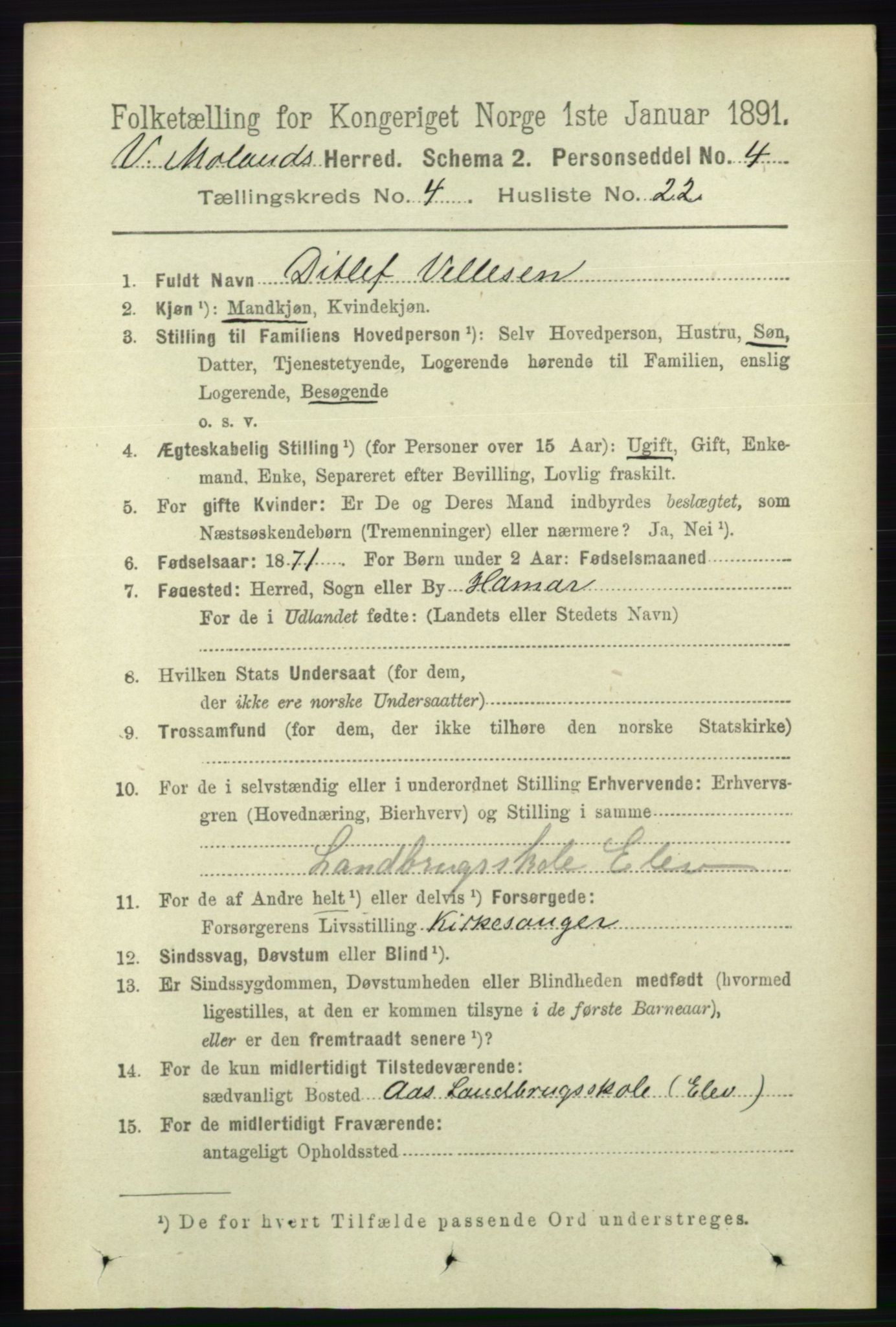 RA, 1891 census for 0926 Vestre Moland, 1891, p. 1367