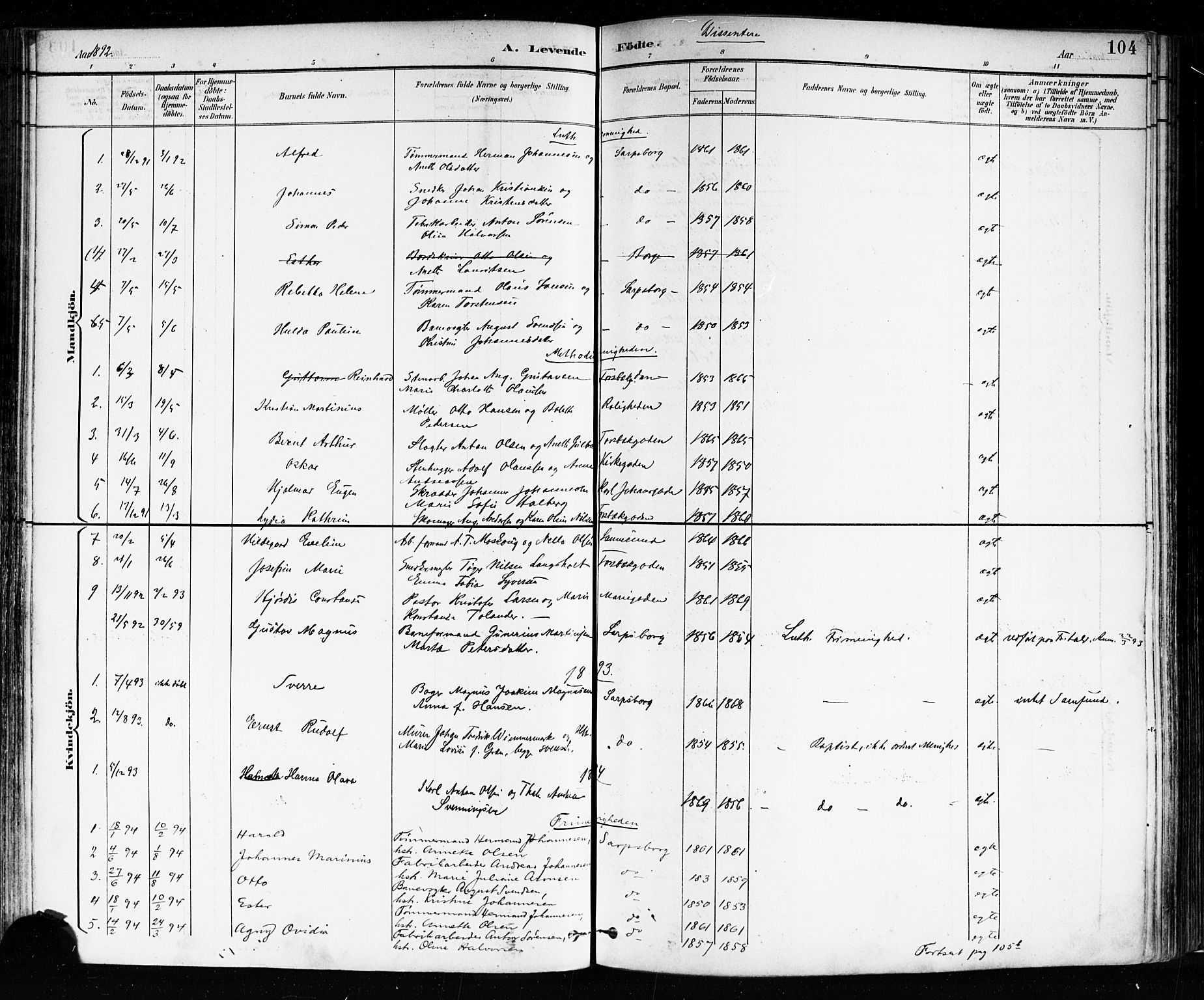 Sarpsborg prestekontor Kirkebøker, SAO/A-2006/F/Fa/L0004: Parish register (official) no. 4, 1892-1899, p. 104