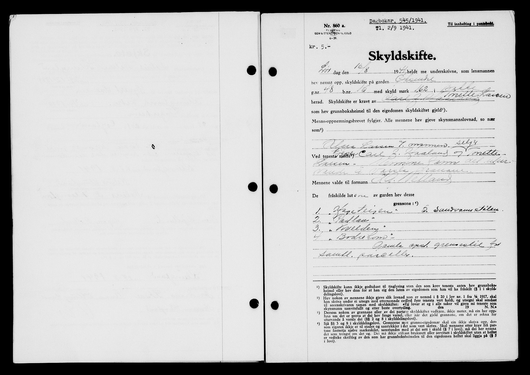 Flekkefjord sorenskriveri, SAK/1221-0001/G/Gb/Gba/L0057: Mortgage book no. A-5, 1941-1942, Diary no: : 545/1941