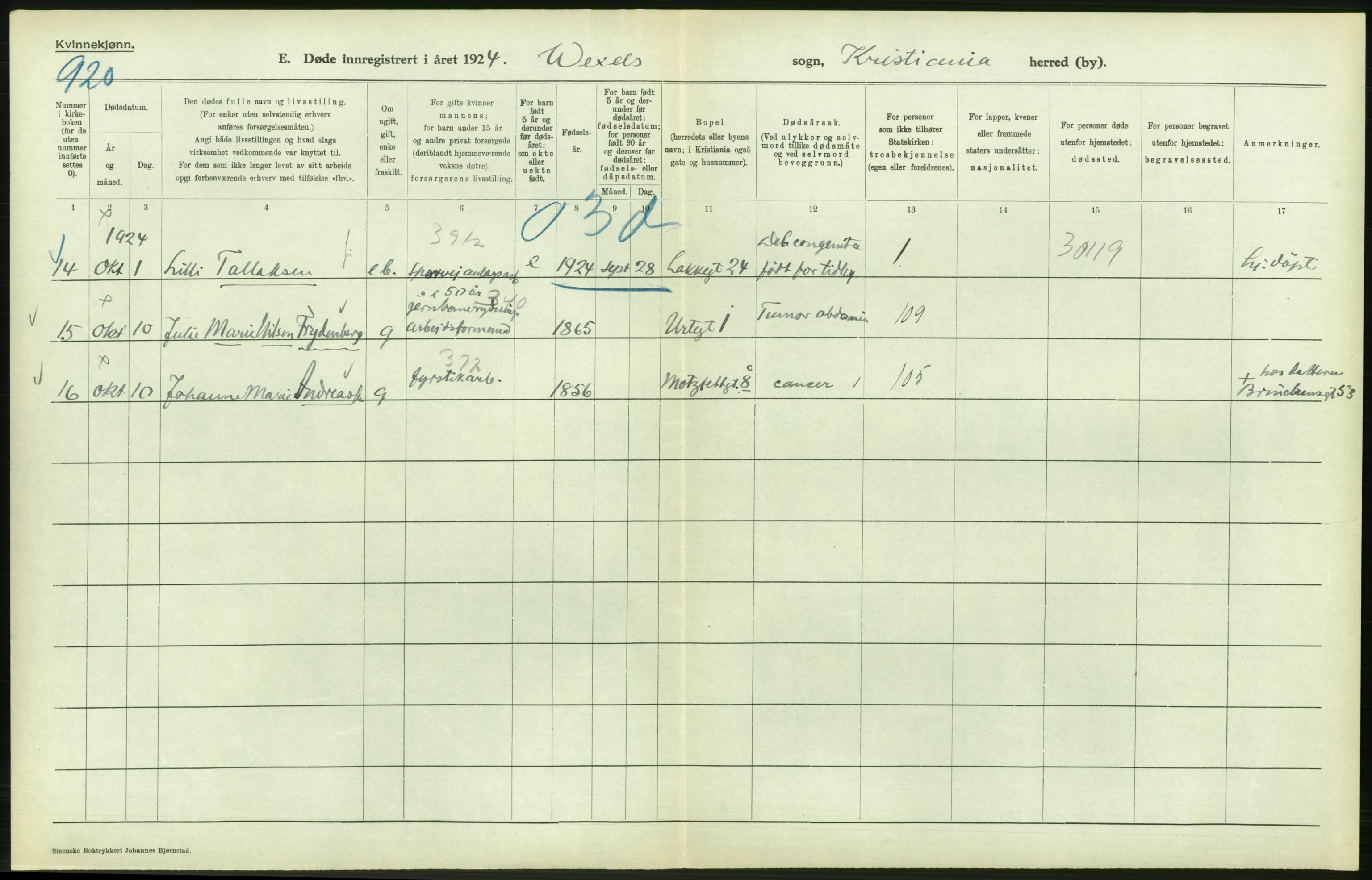 Statistisk sentralbyrå, Sosiodemografiske emner, Befolkning, AV/RA-S-2228/D/Df/Dfc/Dfcd/L0009: Kristiania: Døde kvinner, dødfødte, 1924, p. 510