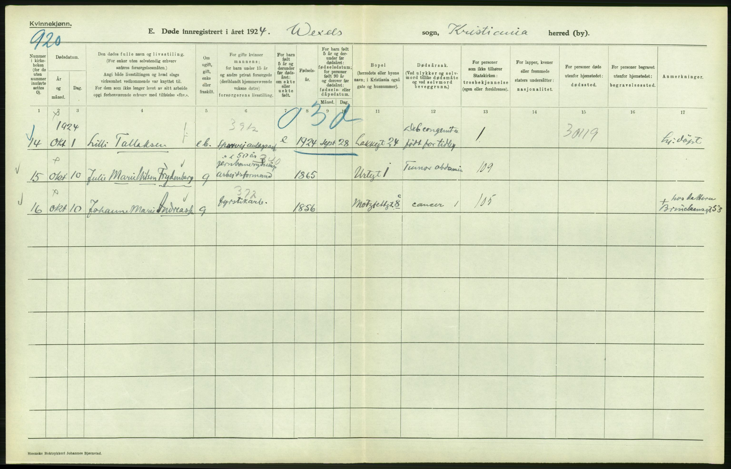 Statistisk sentralbyrå, Sosiodemografiske emner, Befolkning, AV/RA-S-2228/D/Df/Dfc/Dfcd/L0009: Kristiania: Døde kvinner, dødfødte, 1924, p. 510