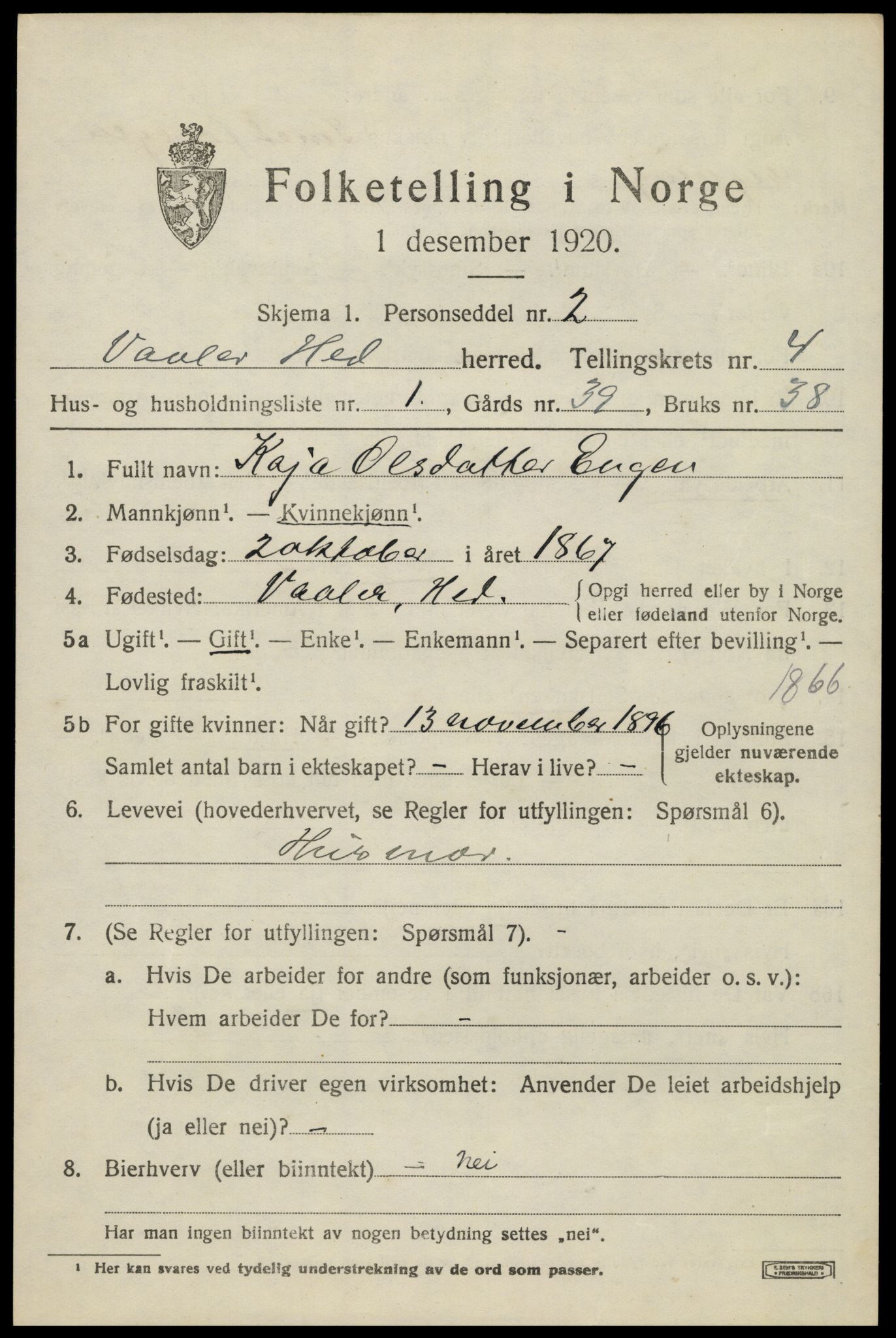 SAH, 1920 census for Våler (Hedmark), 1920, p. 4445